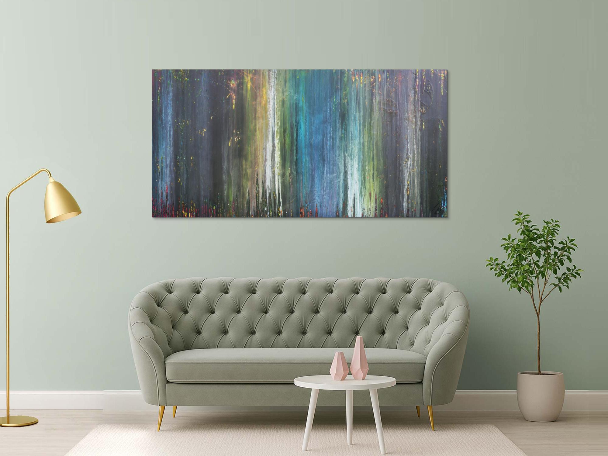 Abstraktes Acrylbild Fließtechnick Flruid Painting blau grau grün gelb