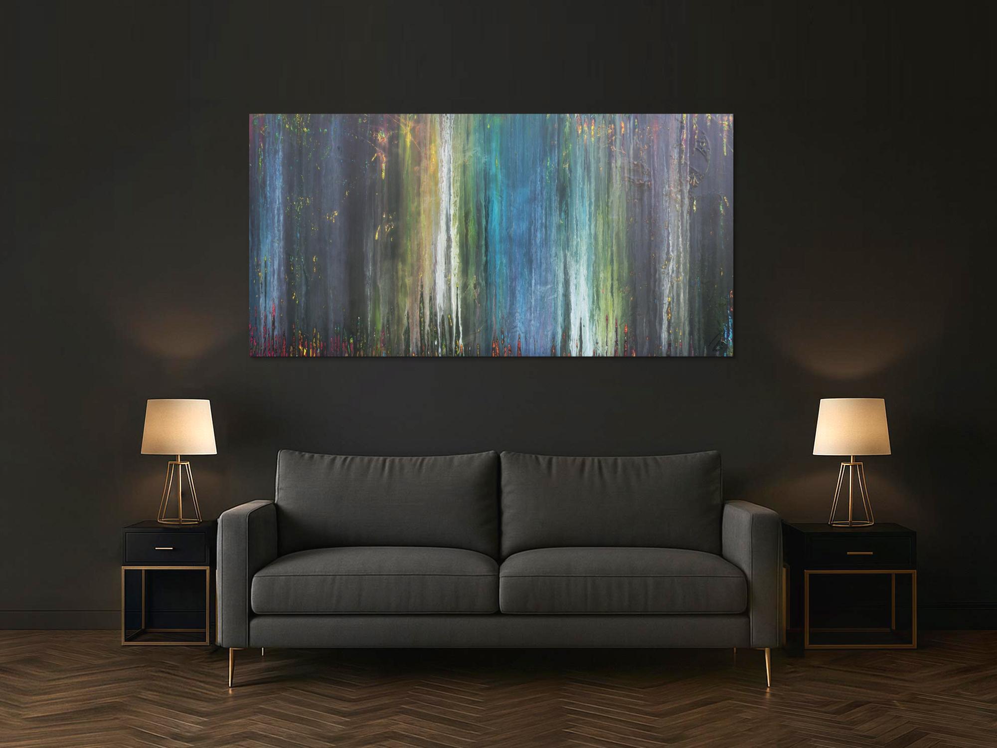 Abstraktes Acrylbild Fließtechnick Flruid Painting blau grau grün gelb