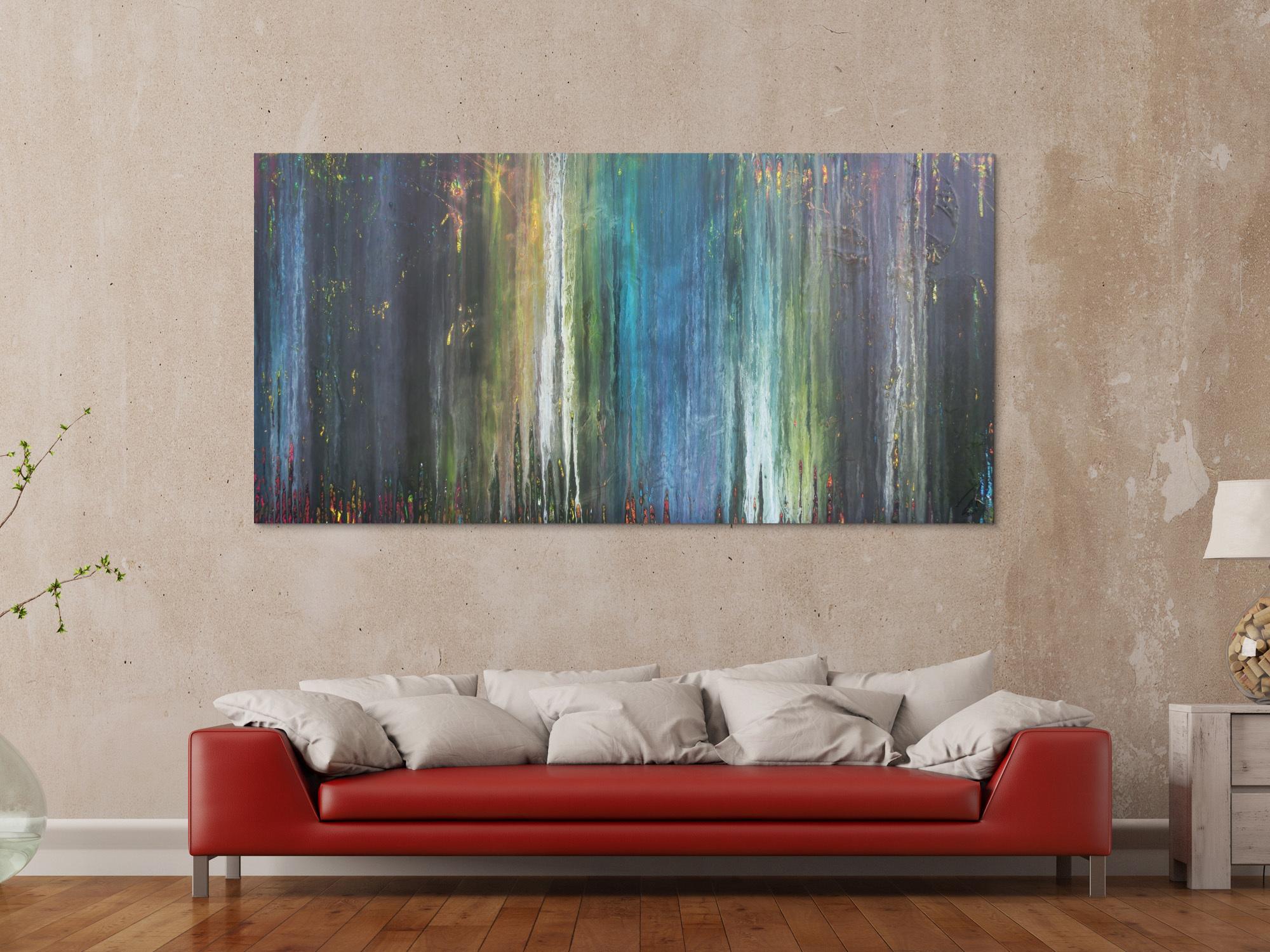 Abstraktes Acrylbild Fließtechnick Flruid Painting blau grau grün gelb