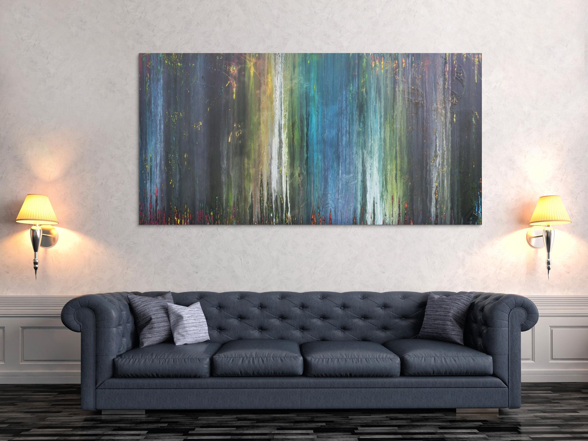 Abstraktes Acrylbild Fließtechnick Flruid Painting blau grau grün gelb