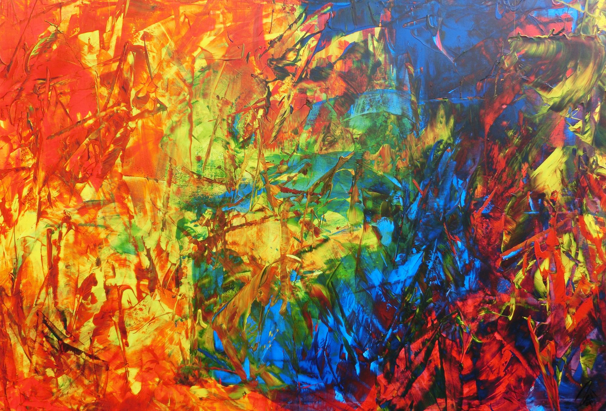 Abstraktes Acrylbild sehr bunt Spachteltechnik modern viele Farben rot blau grün gelb