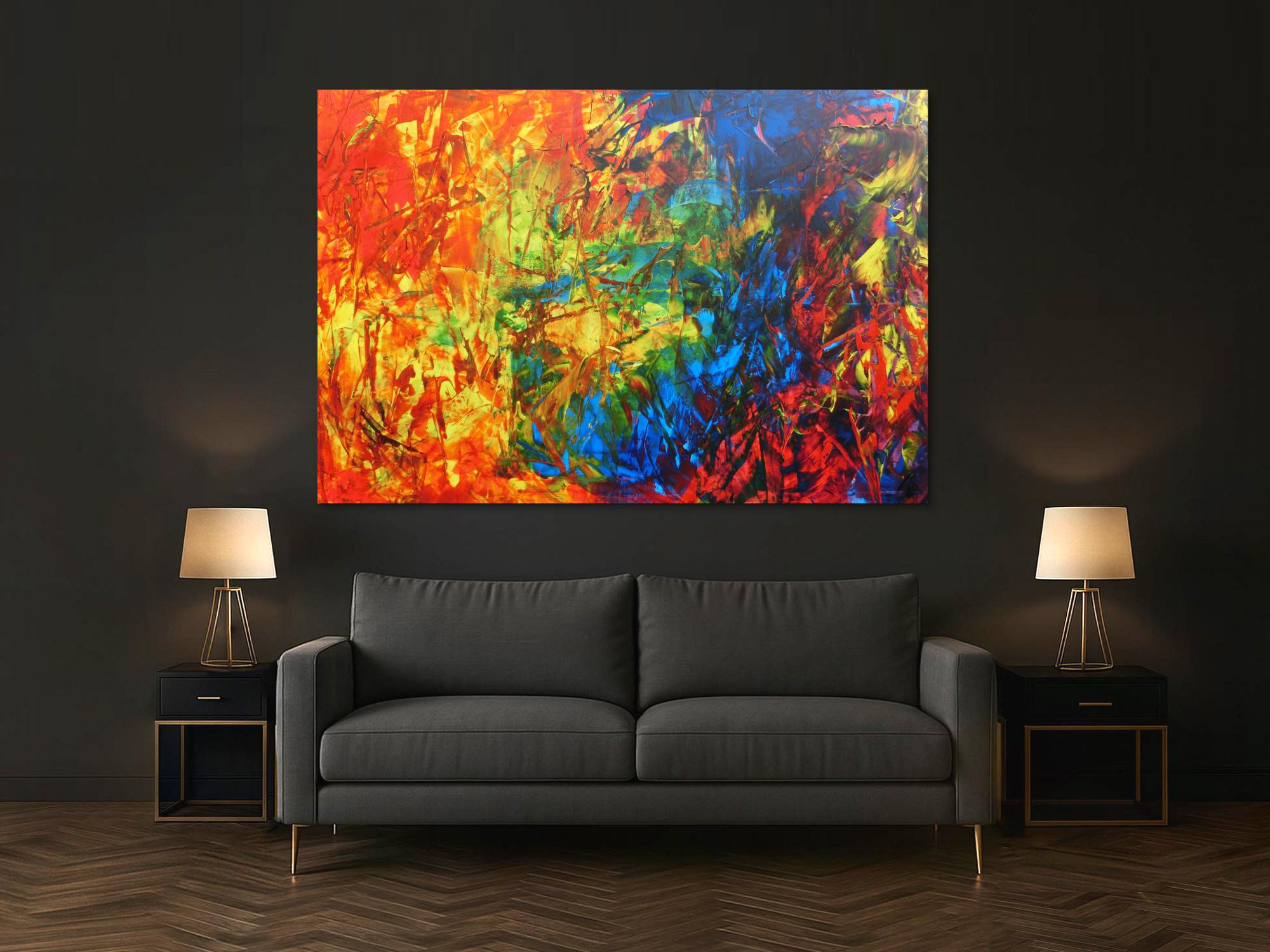 Abstraktes Acrylbild sehr bunt Spachteltechnik modern viele Farben rot blau grün gelb