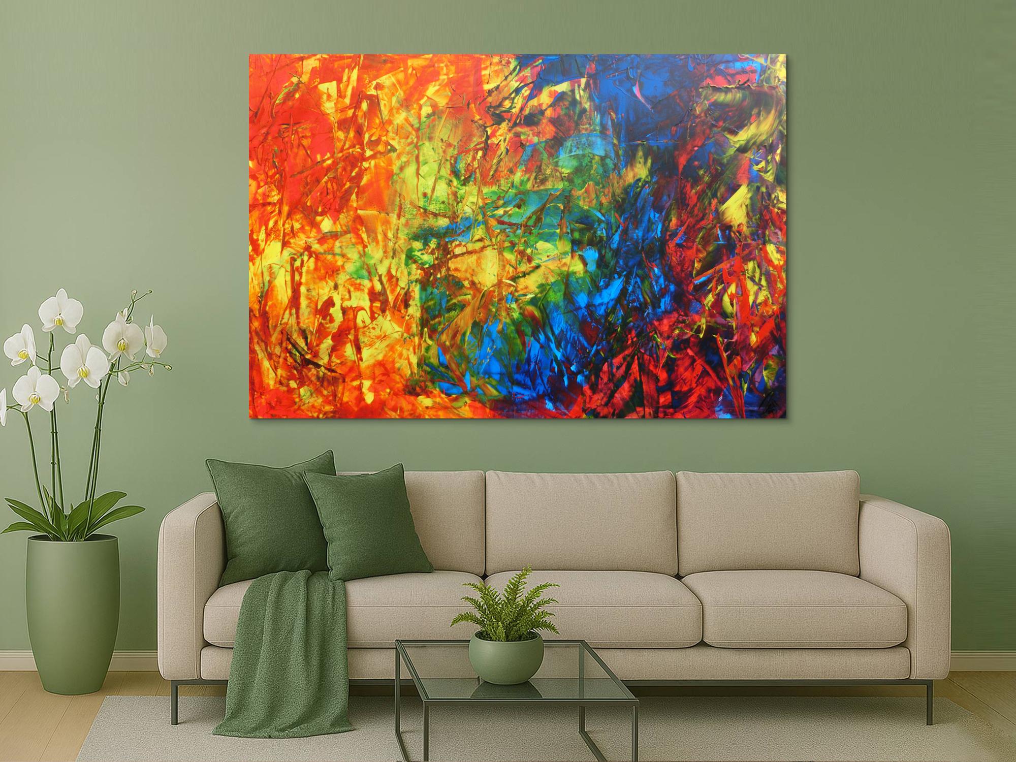 Abstraktes Acrylbild sehr bunt Spachteltechnik modern viele Farben rot blau grün gelb