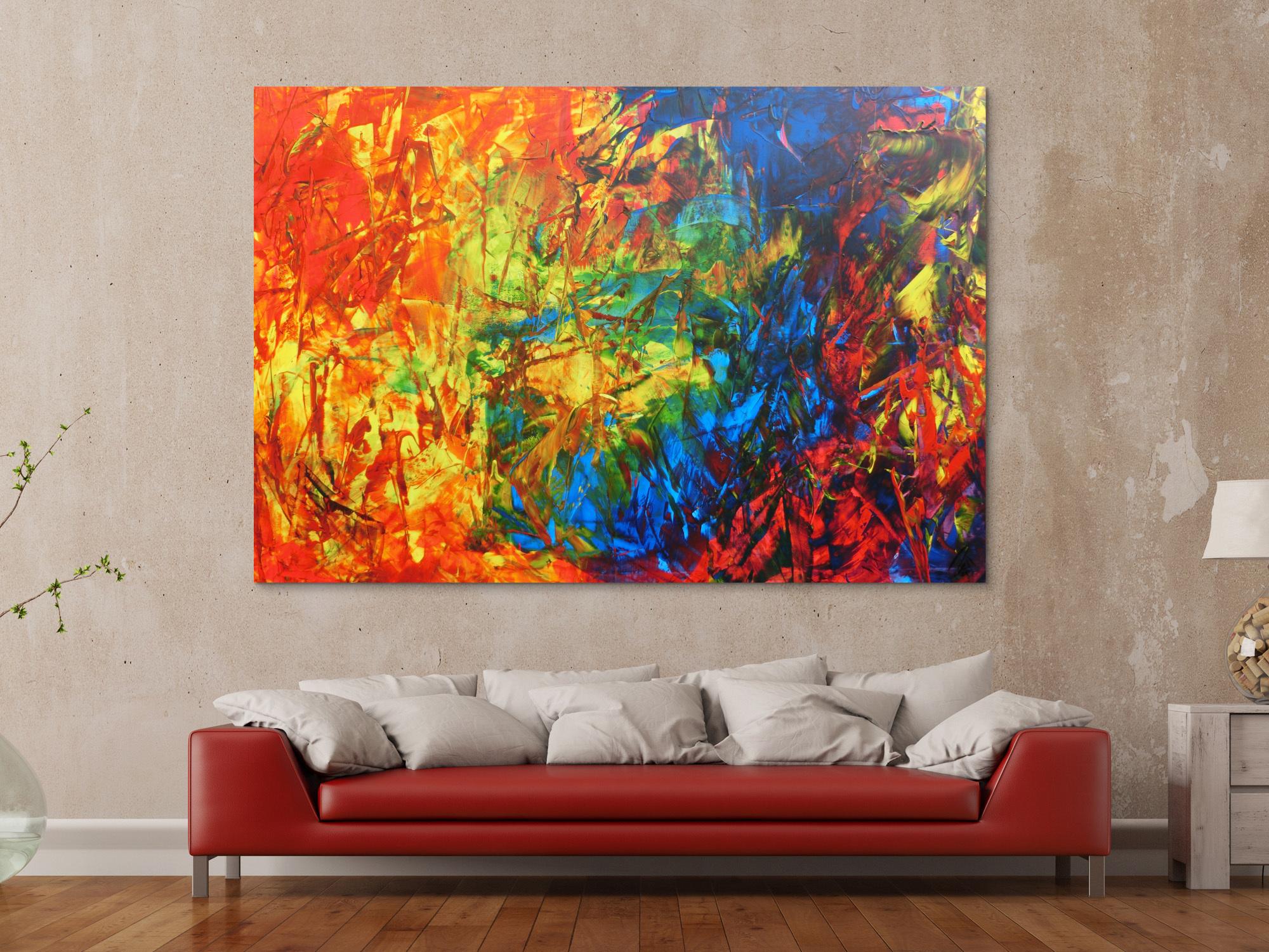 Abstraktes Acrylbild sehr bunt Spachteltechnik modern viele Farben rot blau grün gelb