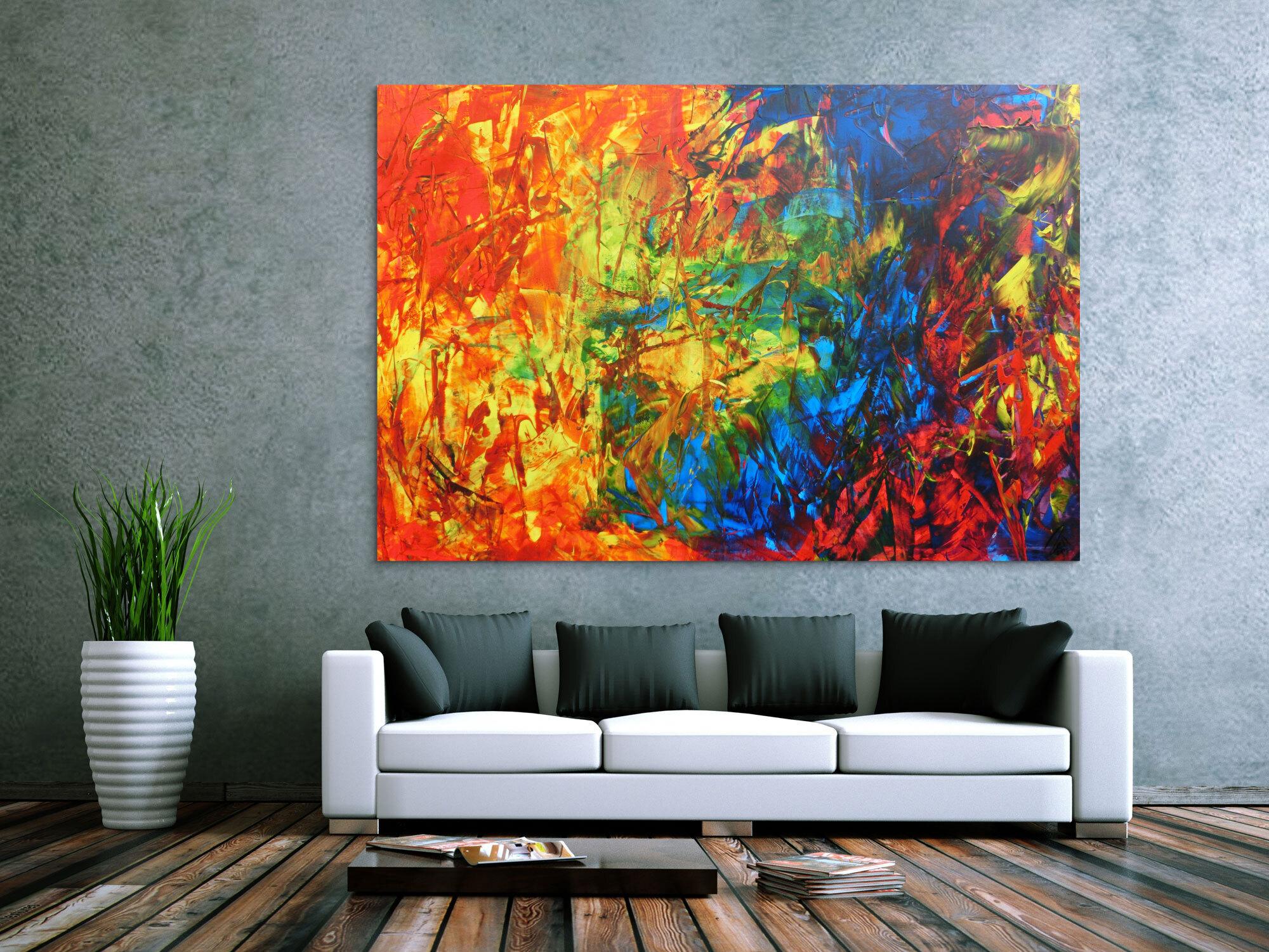 Abstraktes Acrylbild sehr bunt Spachteltechnik modern viele Farben rot blau grün gelb