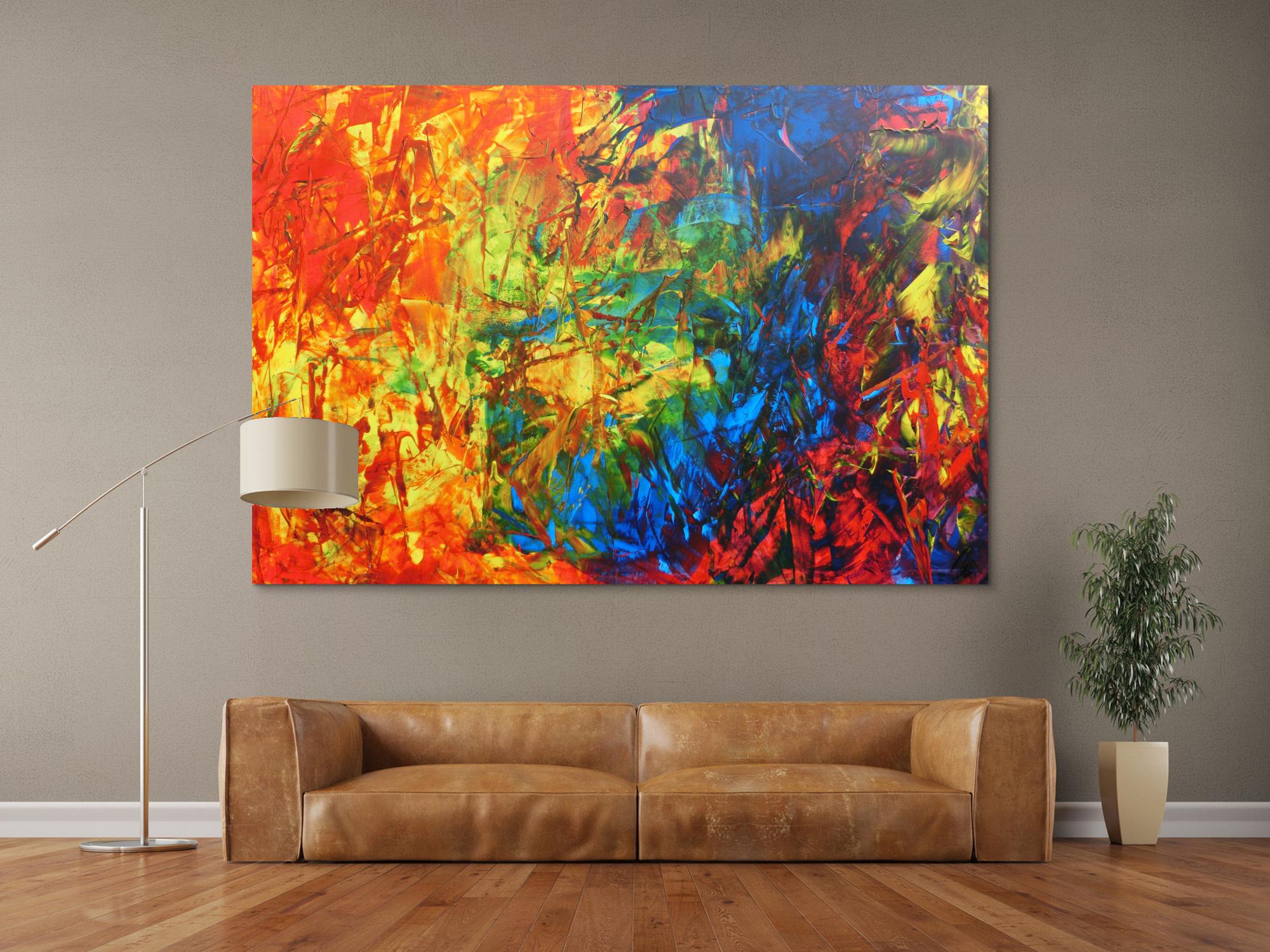 Abstraktes Acrylbild sehr bunt Spachteltechnik modern viele Farben rot blau grün gelb