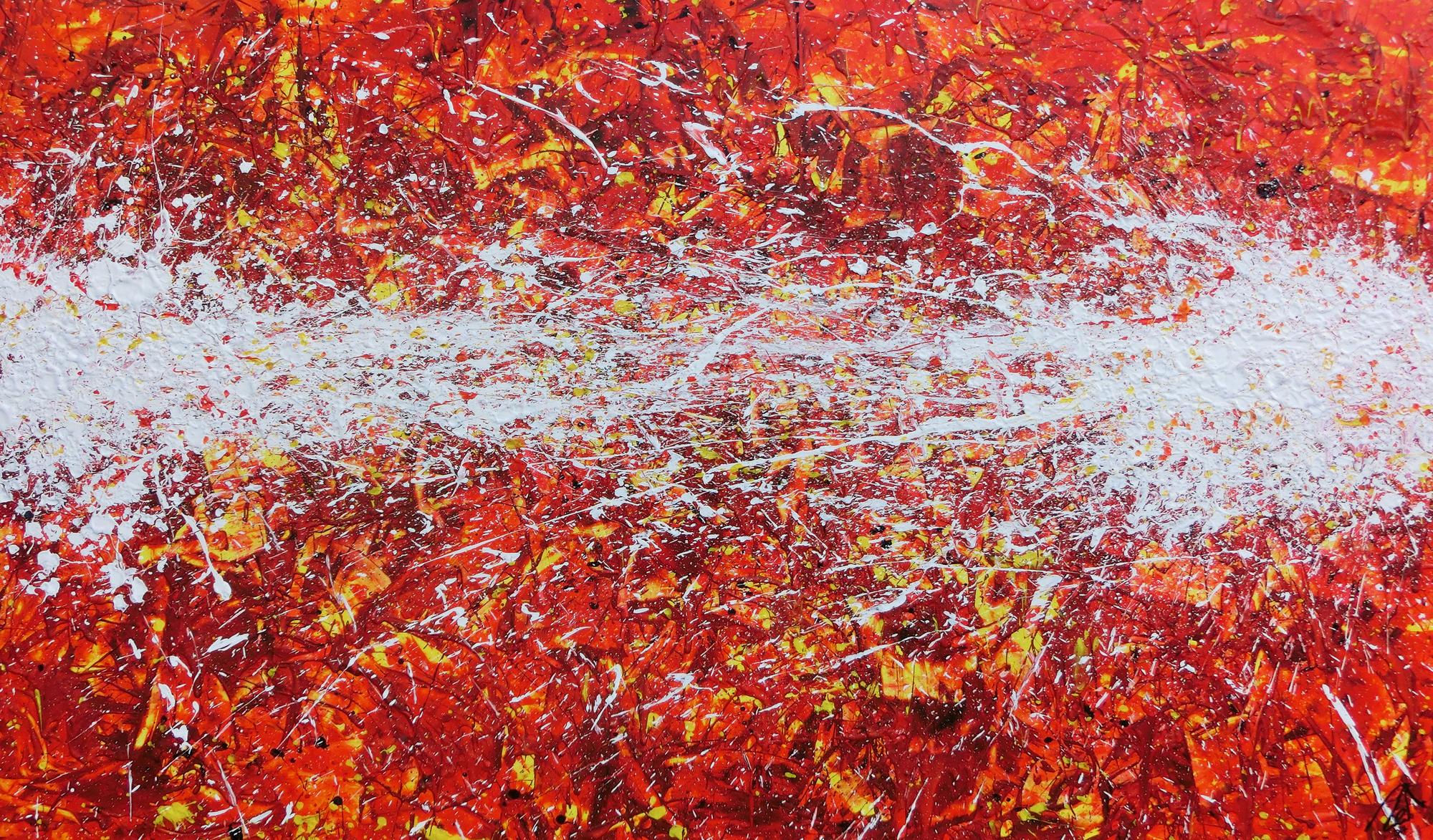 Modernes Acrylbild Actionpainting abstrakt in rot gelb weißen Farben