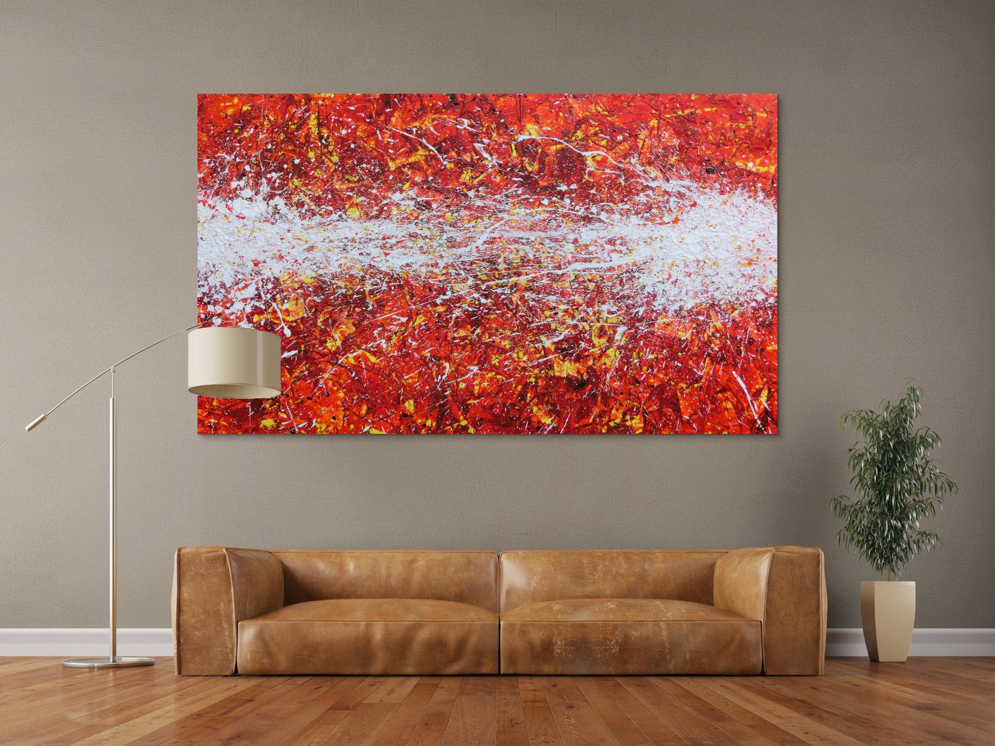 Modernes Acrylbild Actionpainting abstrakt in rot gelb weißen Farben