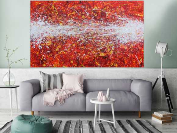 Modernes Acrylbild Actionpainting abstrakt in rot gelb weißen Farben