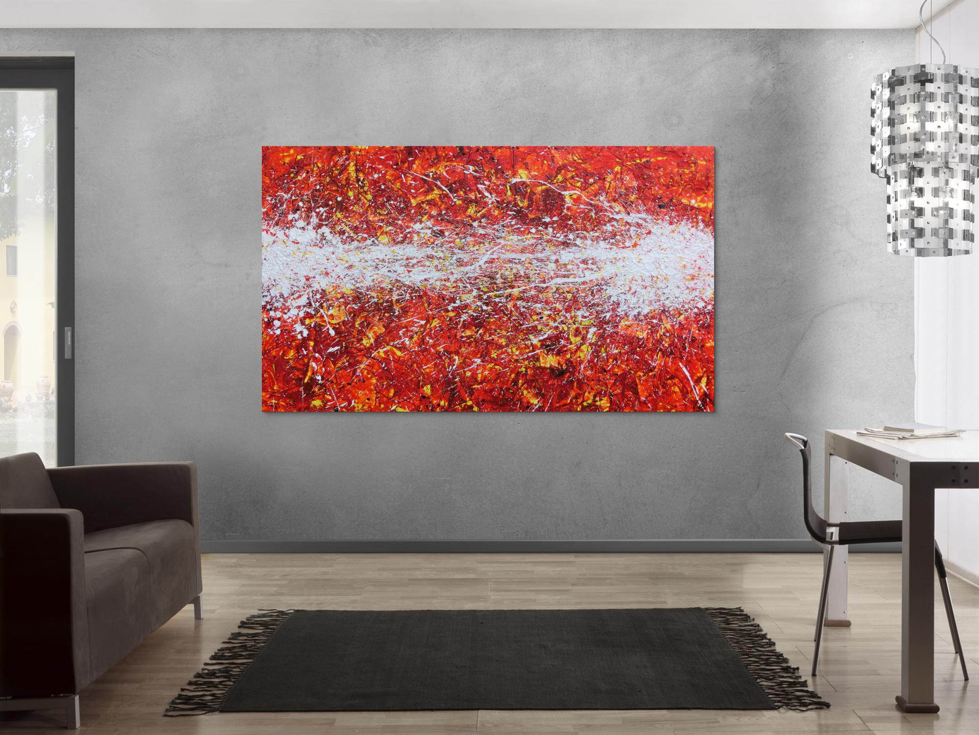 Modernes Acrylbild Actionpainting abstrakt in rot gelb weißen Farben