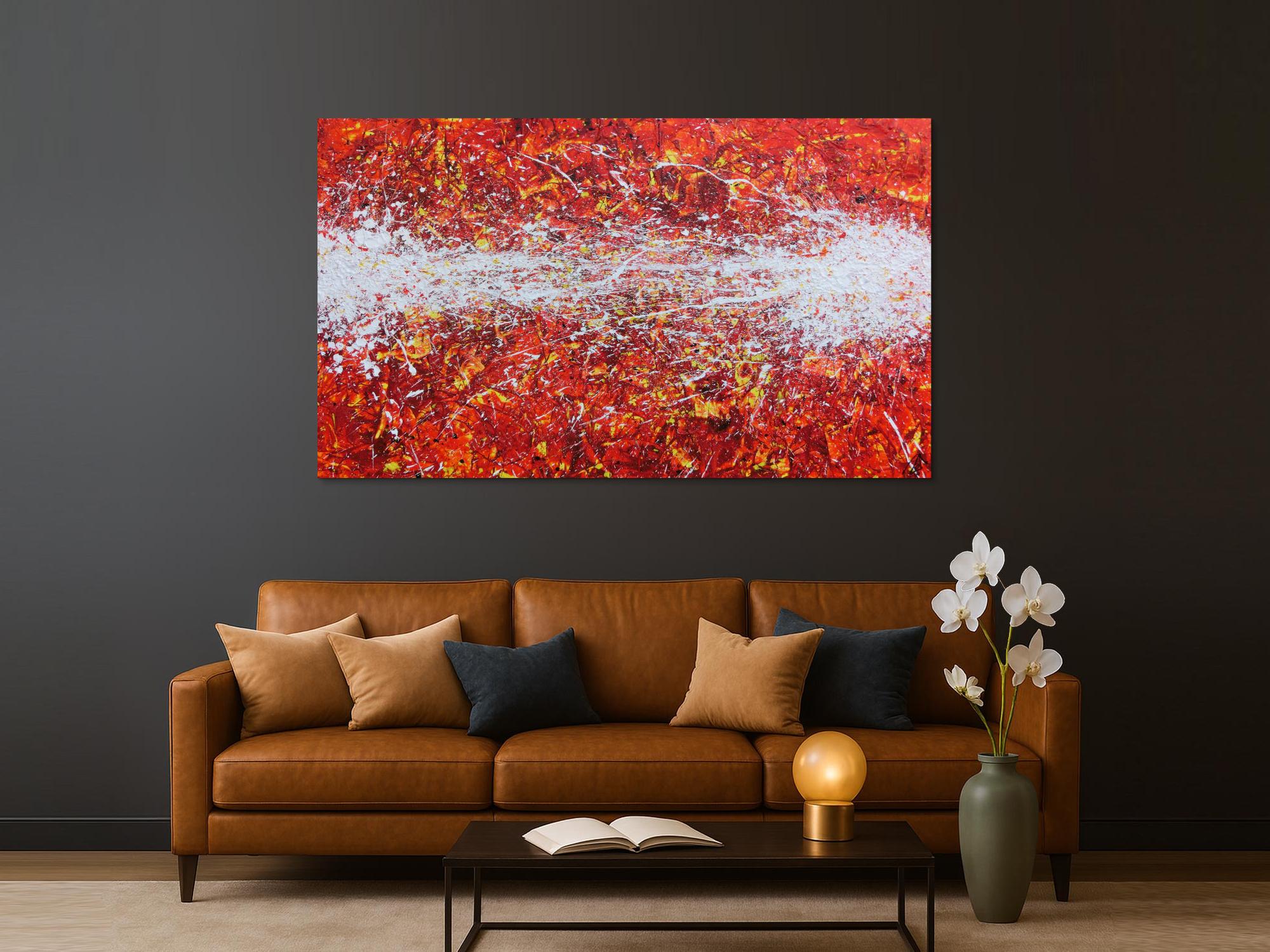 Modernes Acrylbild Actionpainting abstrakt in rot gelb weißen Farben