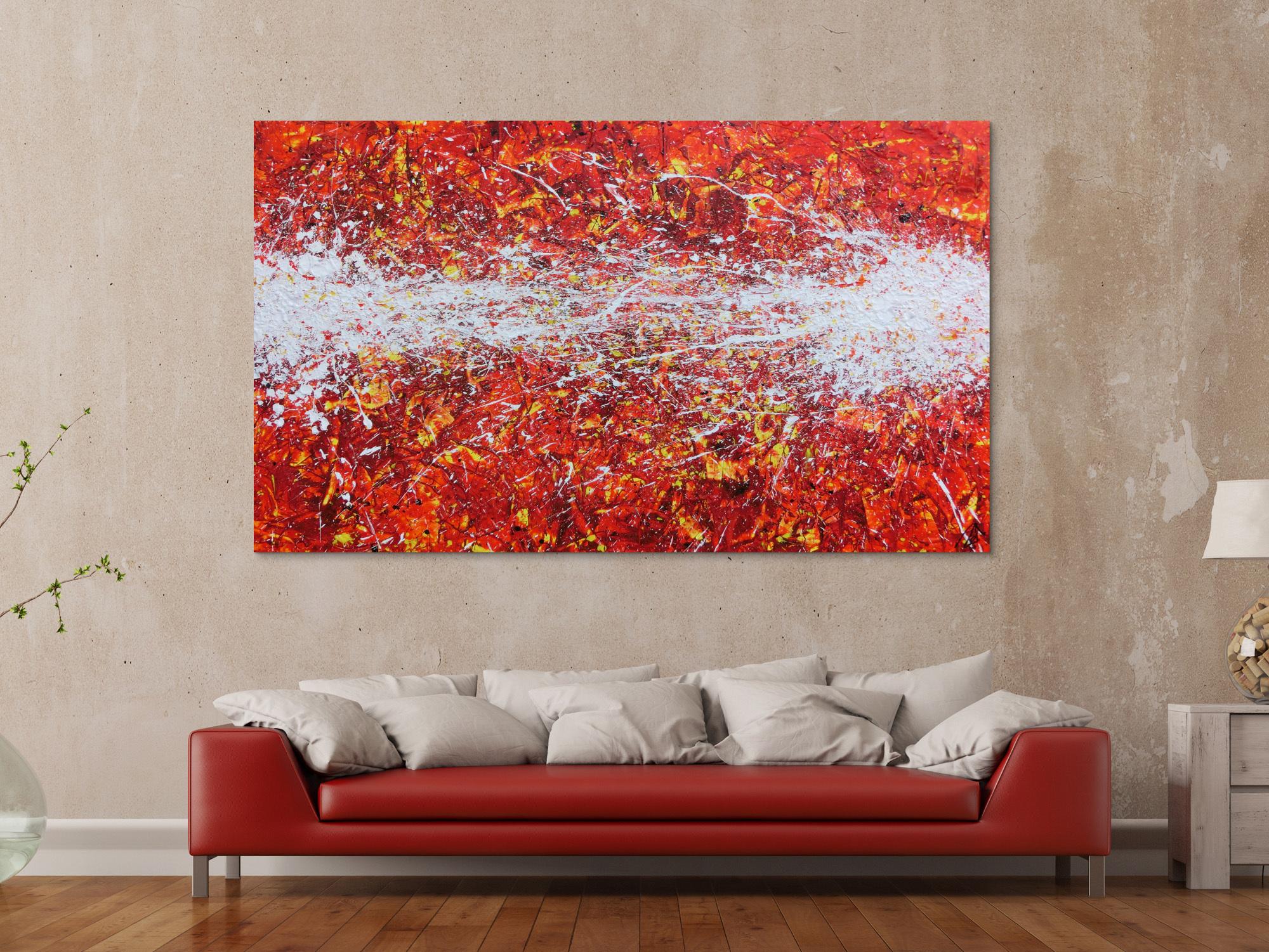 Modernes Acrylbild Actionpainting abstrakt in rot gelb weißen Farben