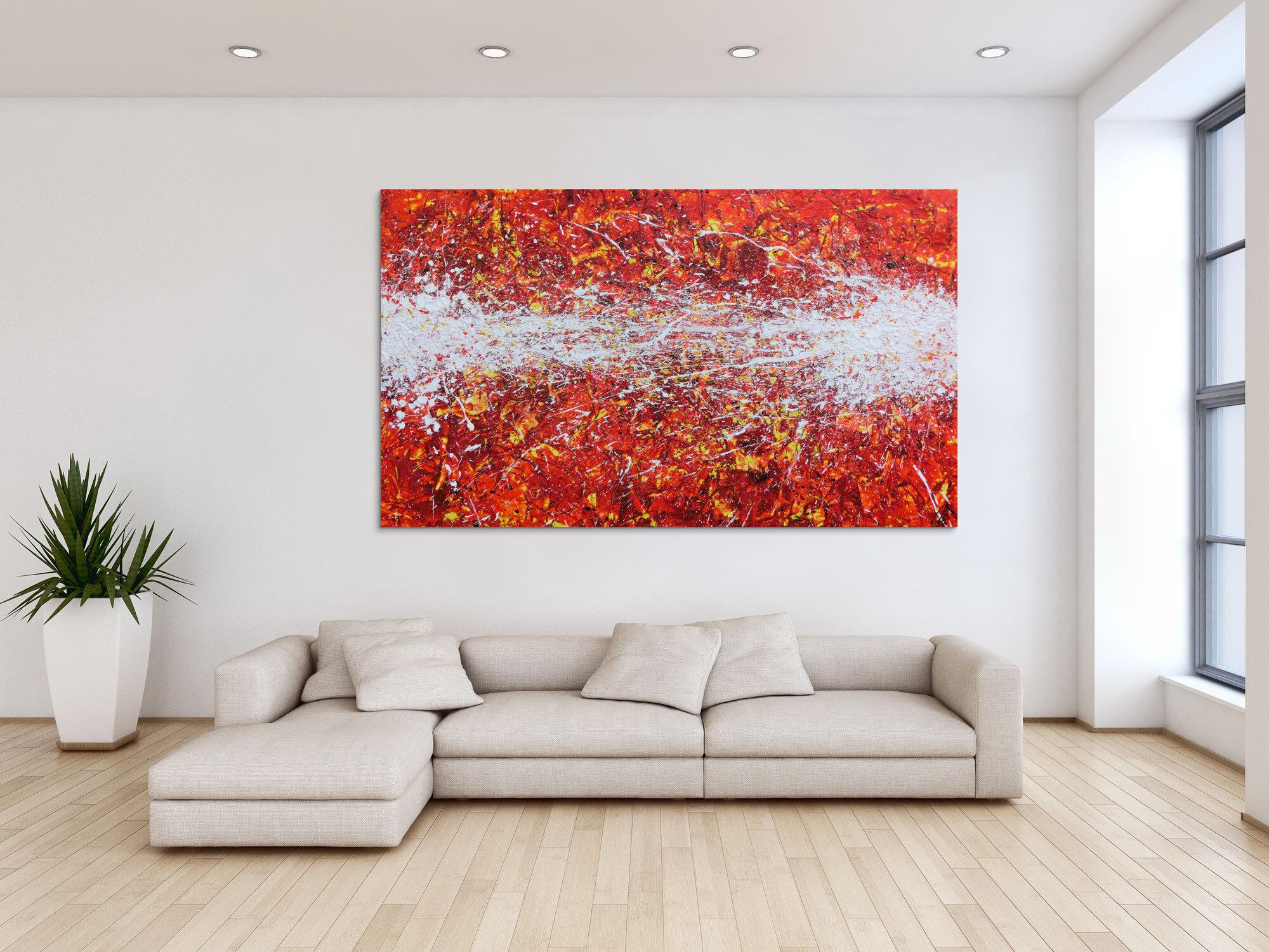 Modernes Acrylbild Actionpainting abstrakt in rot gelb weißen Farben