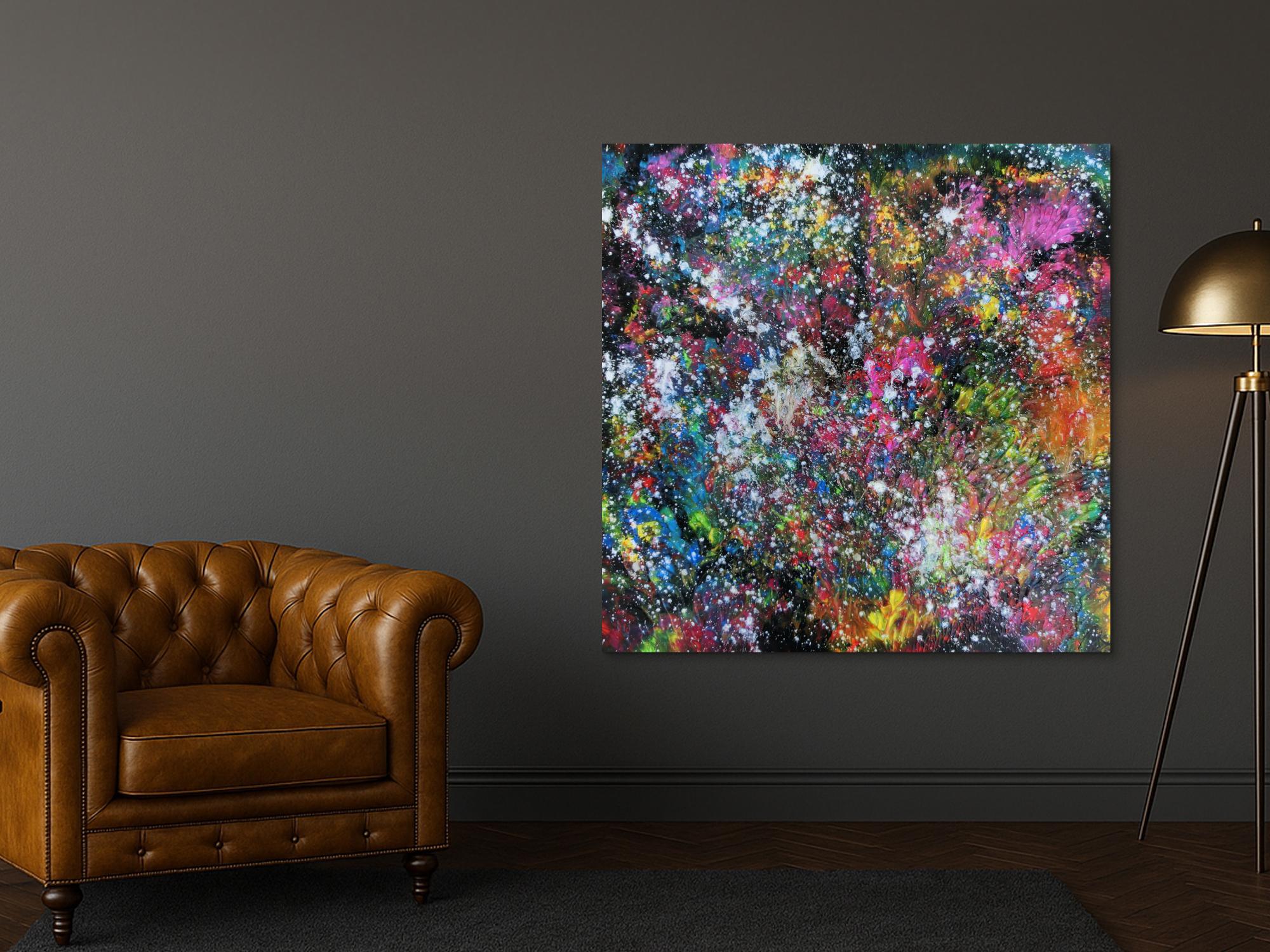 Abstraktes Acrylbild modernes Gemälde sehr bunt dunkel zeitgenössisch Mischtechnik