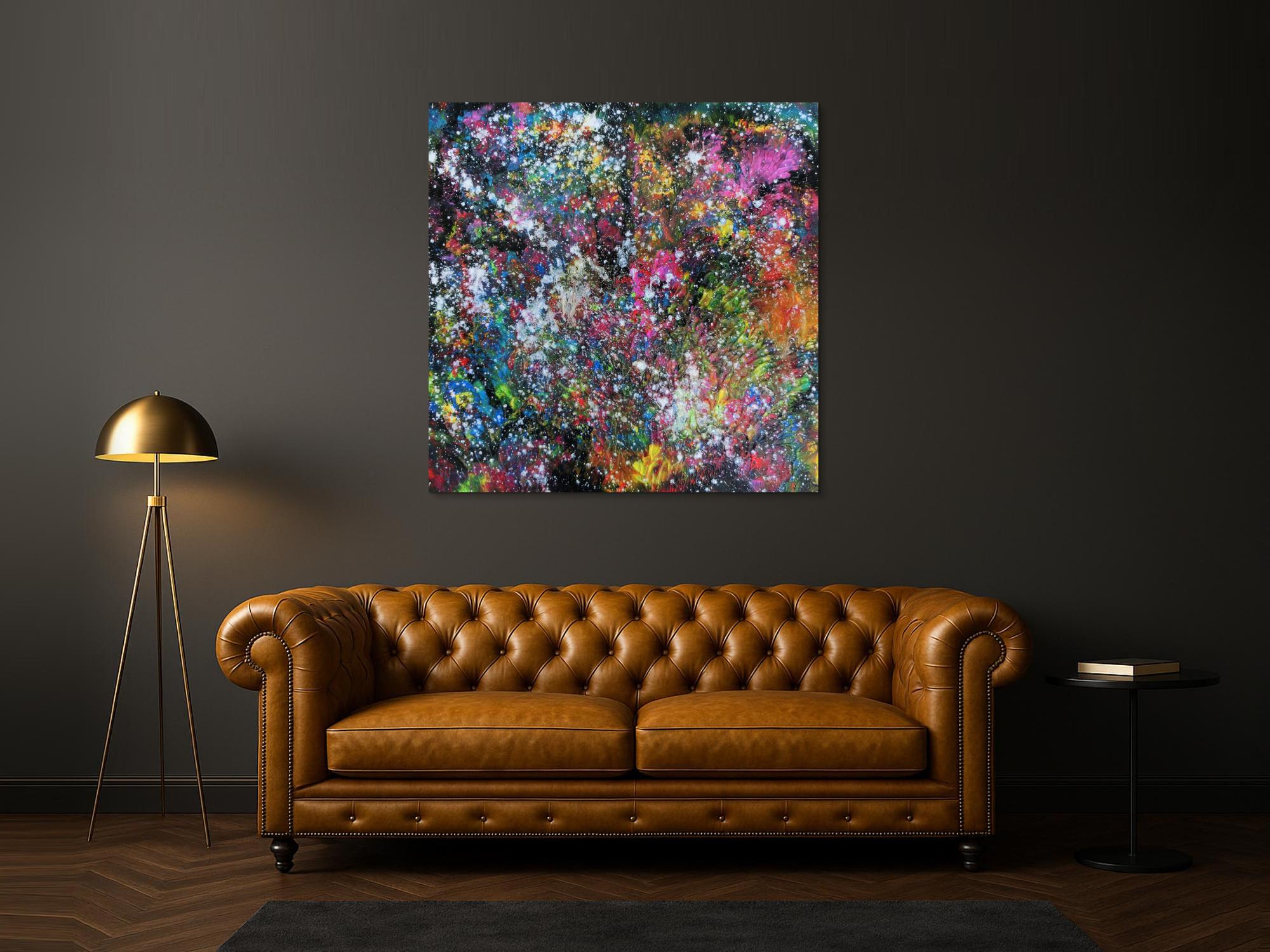 Abstraktes Acrylbild modernes Gemälde sehr bunt dunkel zeitgenössisch Mischtechnik