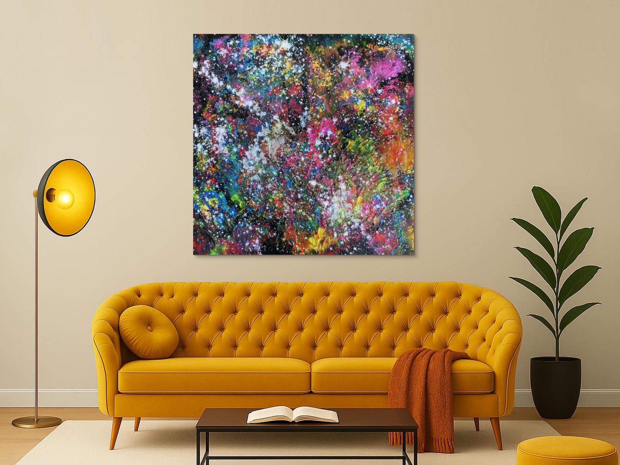 Abstraktes Acrylbild modernes Gemälde sehr bunt dunkel zeitgenössisch Mischtechnik