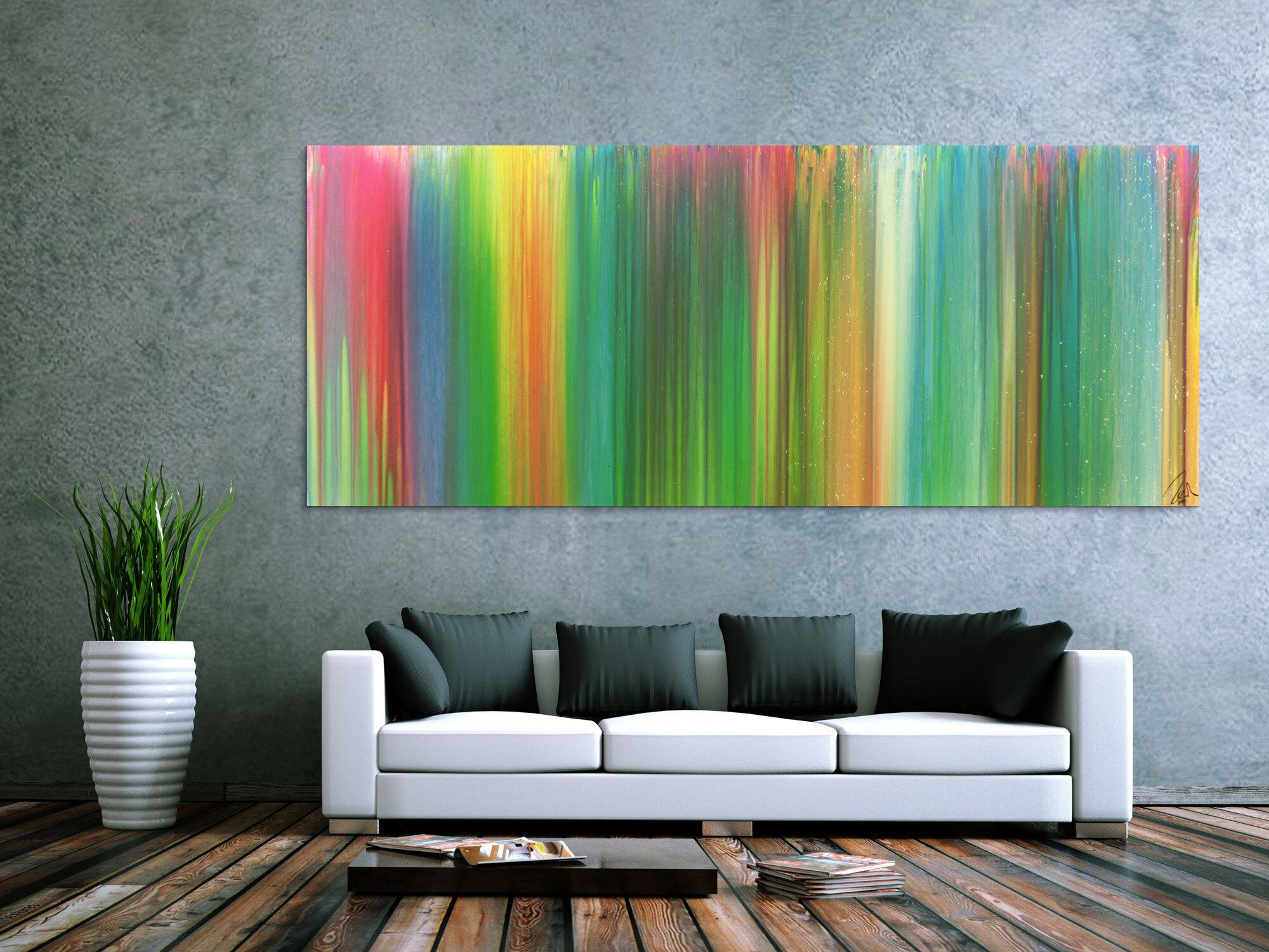 Abstraktes Acrylbild sehr bunt Fließtechnik Panoramaformat sehr modern groß