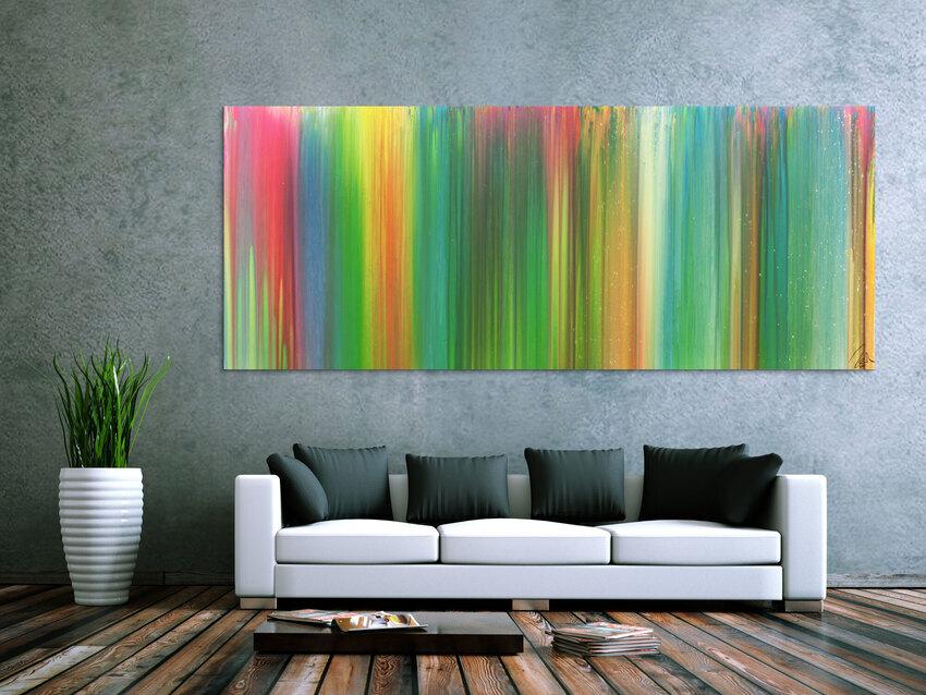 Abstraktes Acrylbild sehr bunt Fließtechnik Panoramaformat sehr modern groß