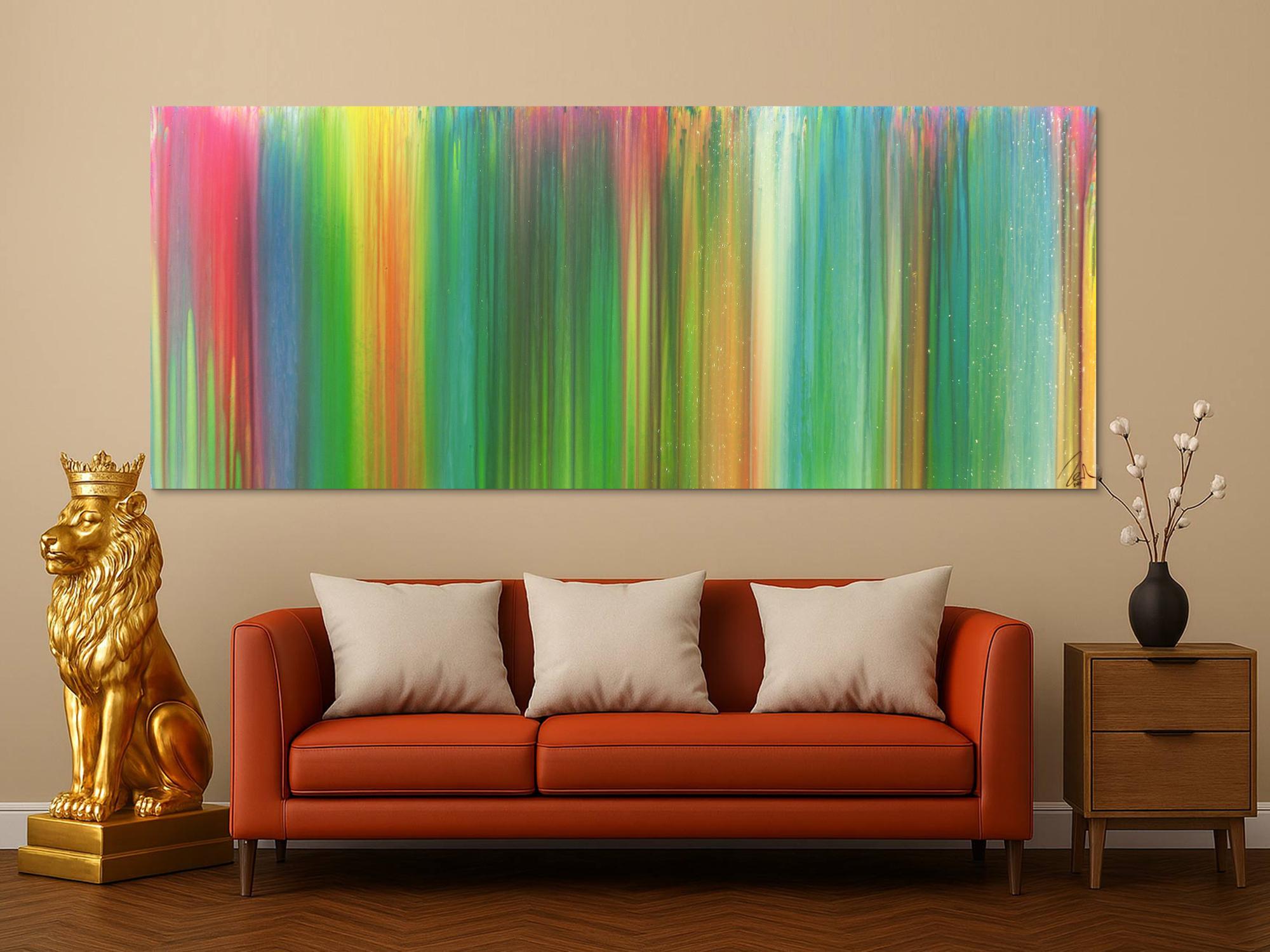 Abstraktes Acrylbild sehr bunt Fließtechnik Panoramaformat sehr modern groß