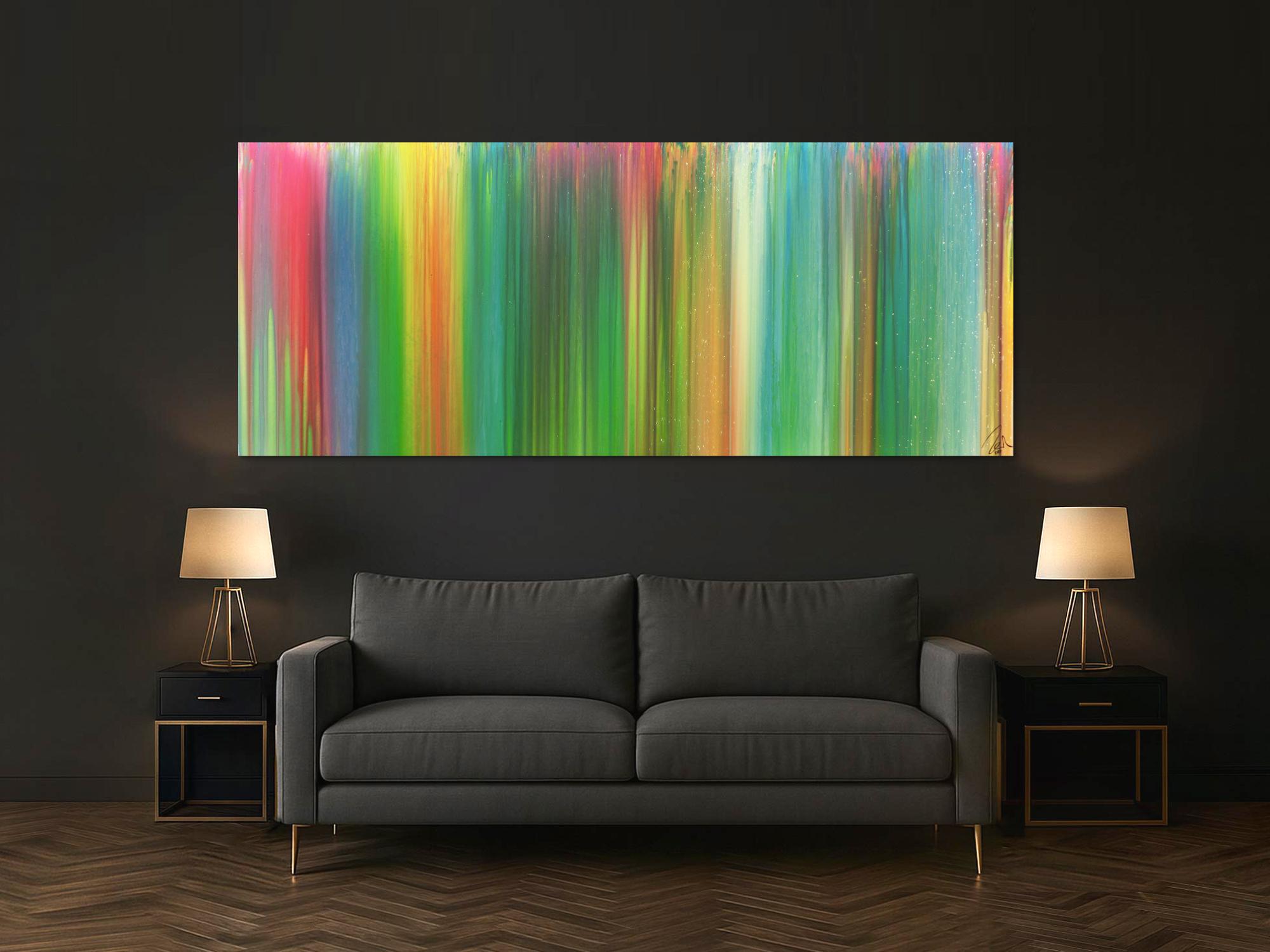 Abstraktes Acrylbild sehr bunt Fließtechnik Panoramaformat sehr modern groß