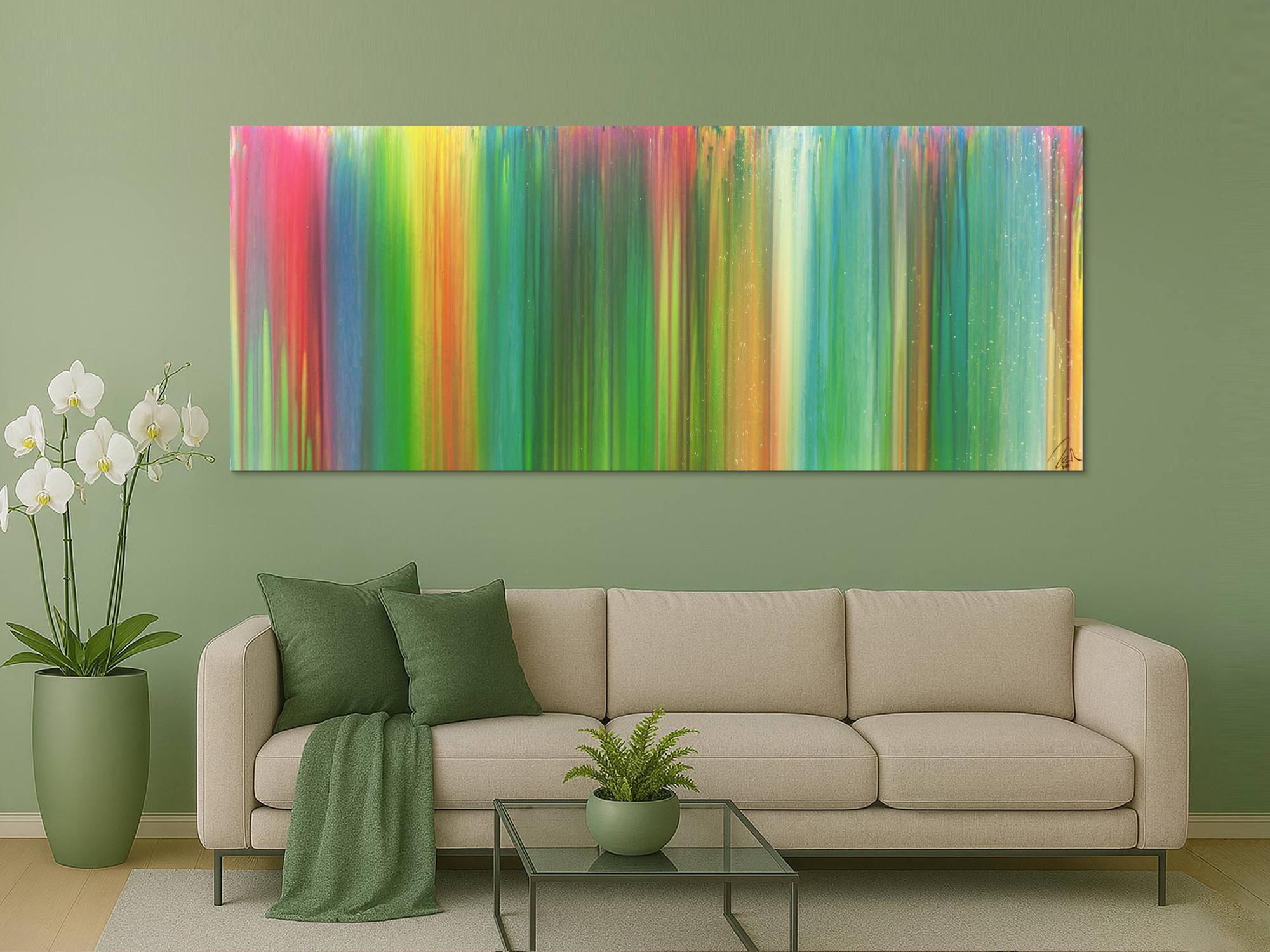 Abstraktes Acrylbild sehr bunt Fließtechnik Panoramaformat sehr modern groß