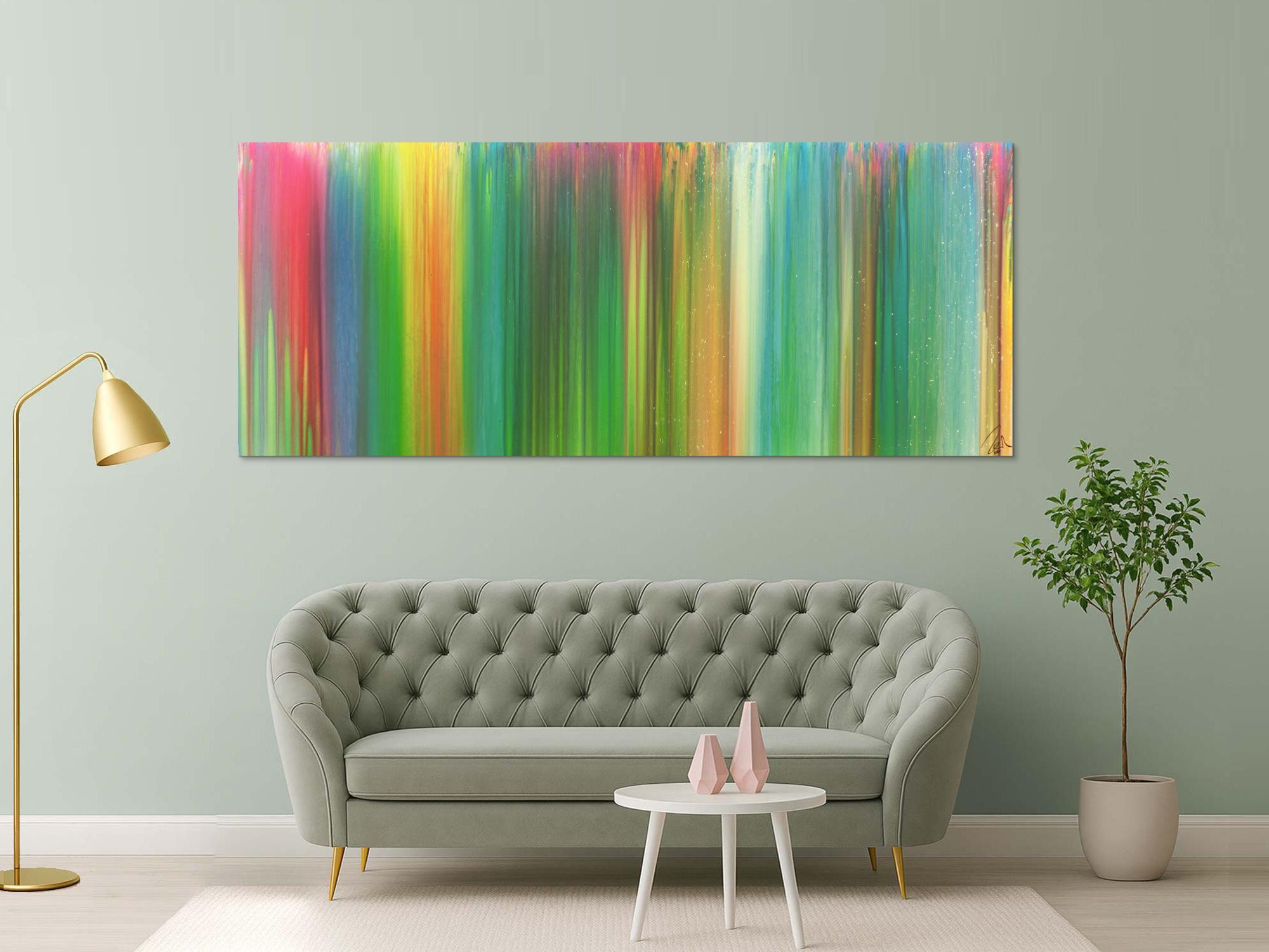 Abstraktes Acrylbild sehr bunt Fließtechnik Panoramaformat sehr modern groß