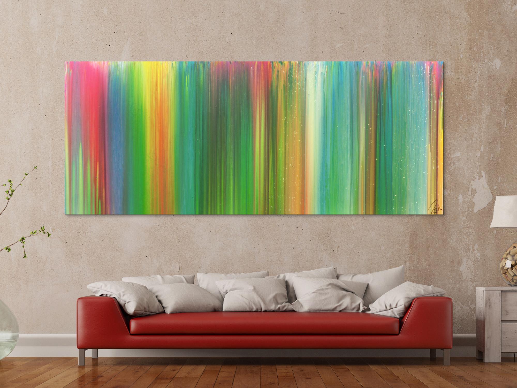 Abstraktes Acrylbild sehr bunt Fließtechnik Panoramaformat sehr modern groß