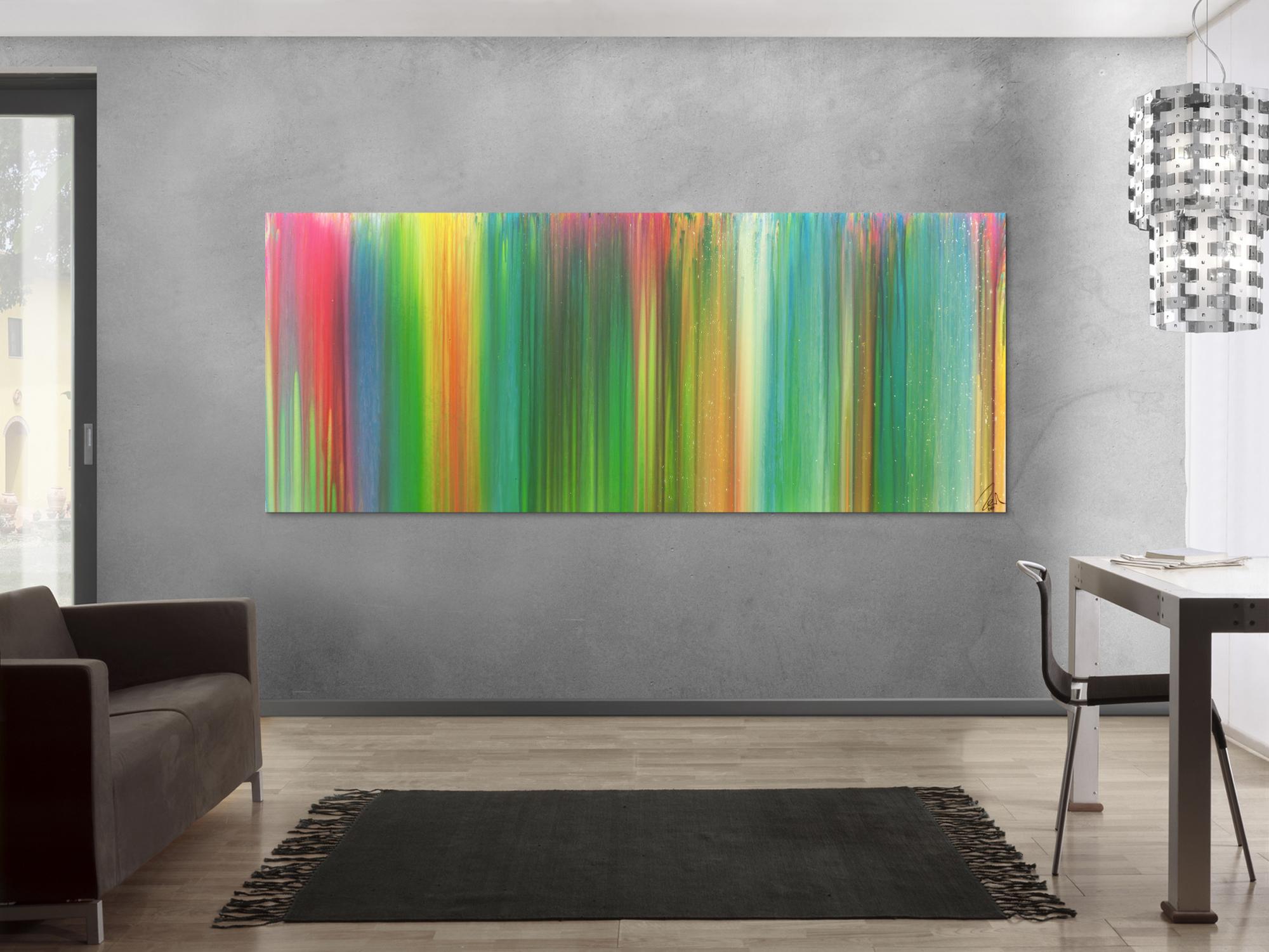 Abstraktes Acrylbild sehr bunt Fließtechnik Panoramaformat sehr modern groß