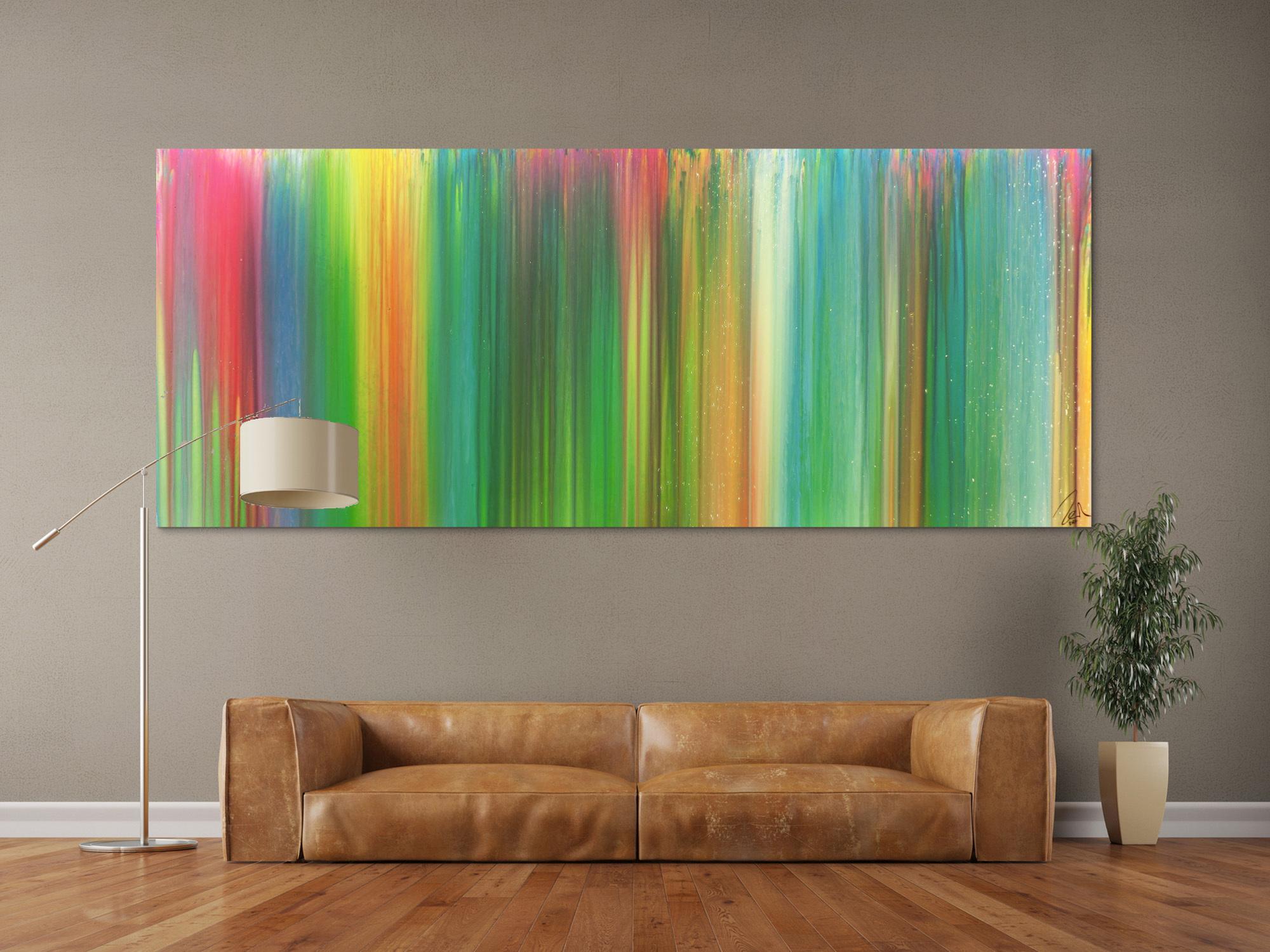 Abstraktes Acrylbild sehr bunt Fließtechnik Panoramaformat sehr modern groß