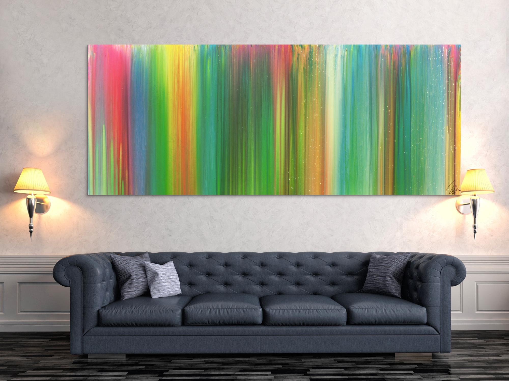 Abstraktes Acrylbild sehr bunt Fließtechnik Panoramaformat sehr modern groß