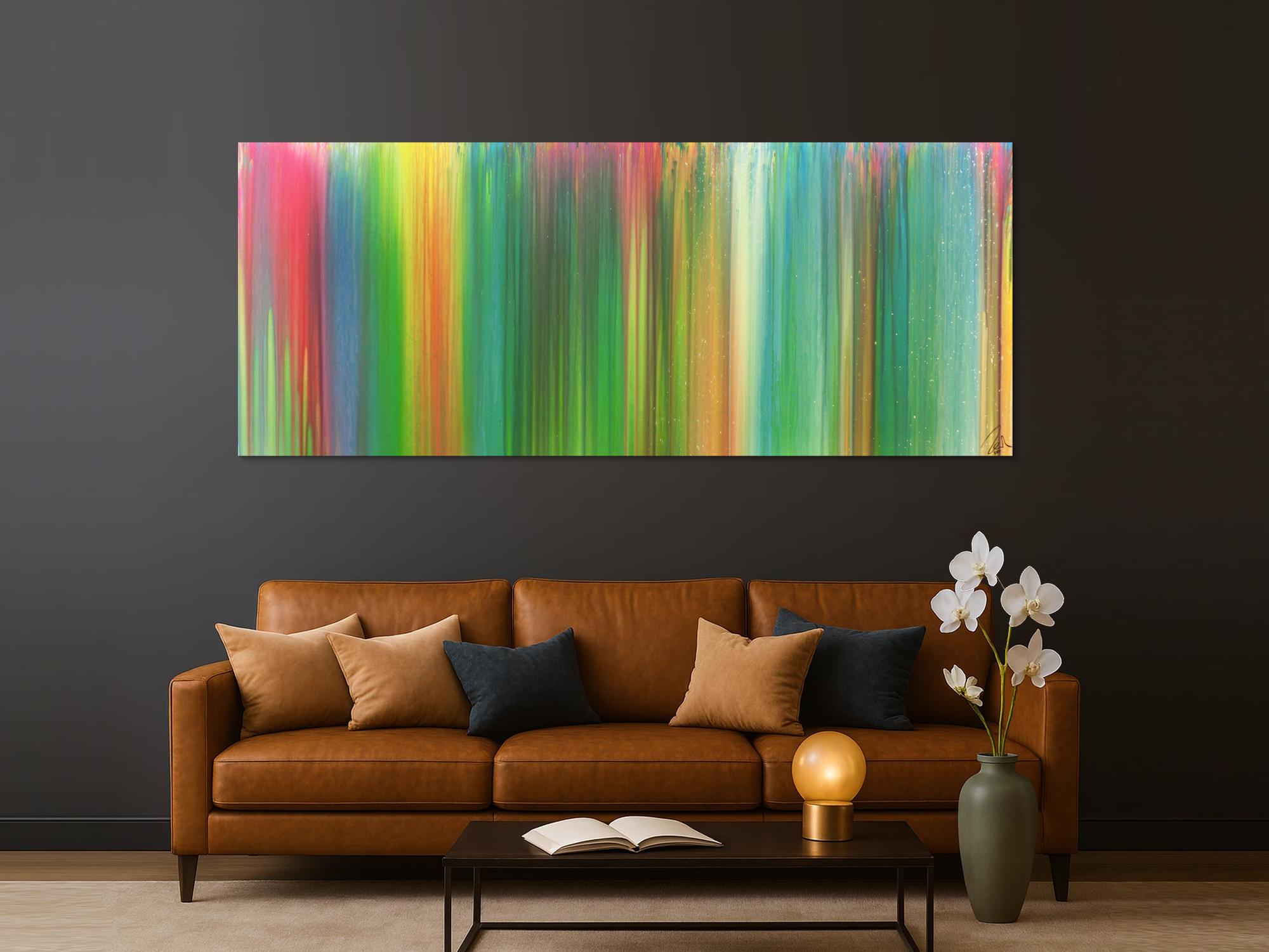 Abstraktes Acrylbild sehr bunt Fließtechnik Panoramaformat sehr modern groß