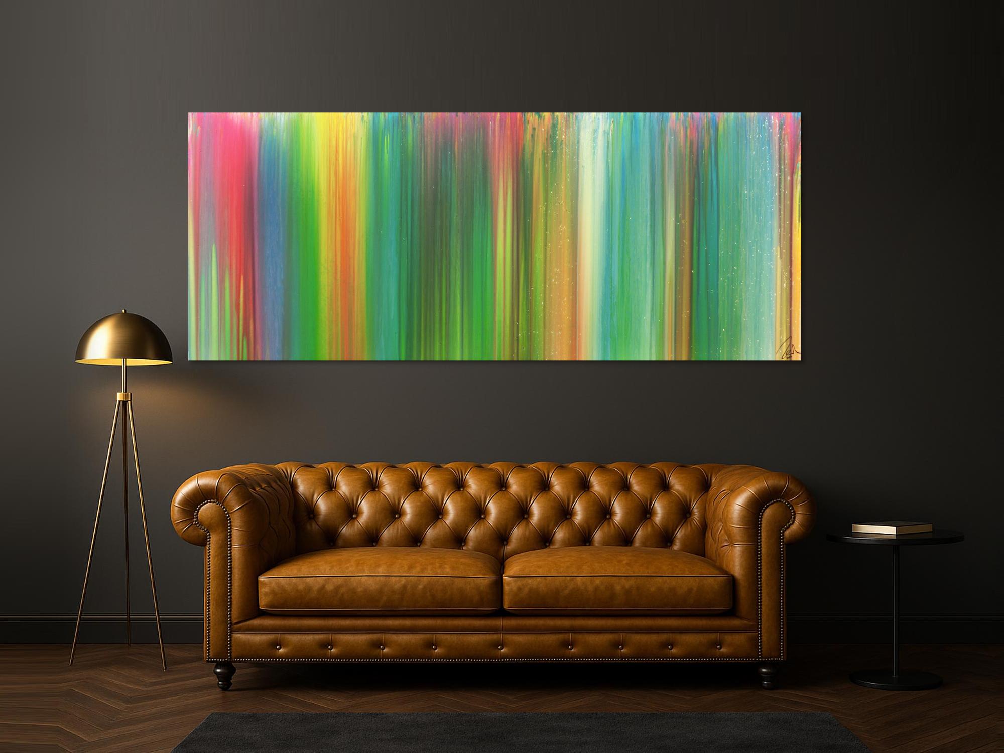 Abstraktes Acrylbild sehr bunt Fließtechnik Panoramaformat sehr modern groß