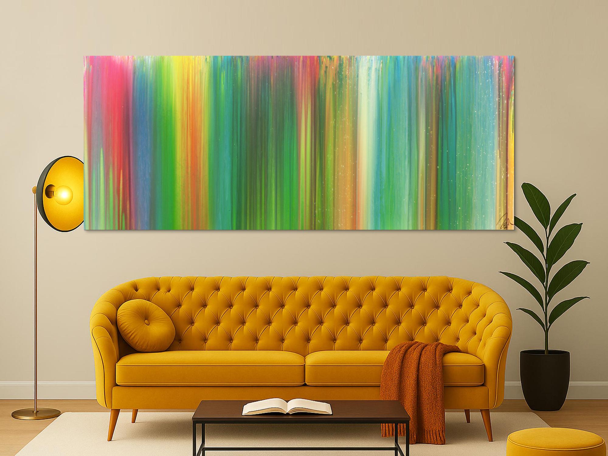 Abstraktes Acrylbild sehr bunt Fließtechnik Panoramaformat sehr modern groß