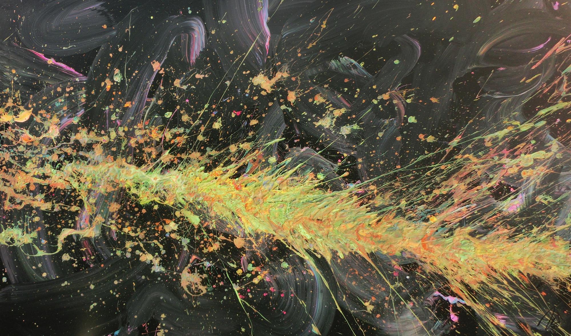 Abstraktes Acrylbild Action Painting sehr modern auf dunklem Hintergrund Splash Art