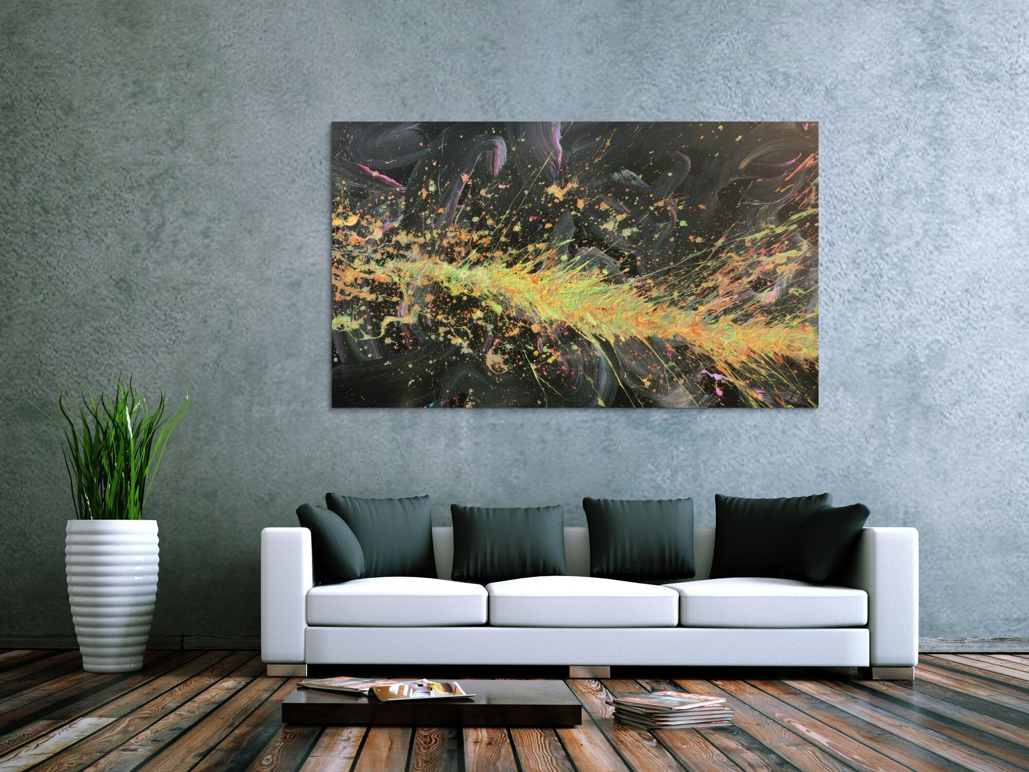 Abstraktes Acrylbild Action Painting sehr modern auf dunklem Hintergrund Splash Art