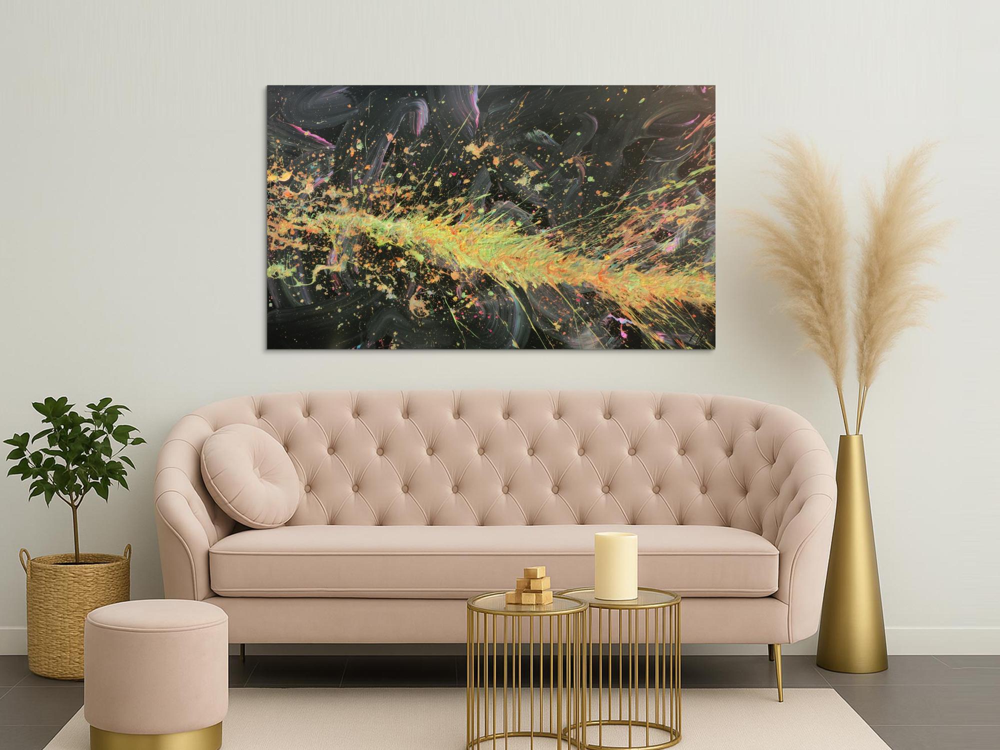 Abstraktes Acrylbild Action Painting sehr modern auf dunklem Hintergrund Splash Art