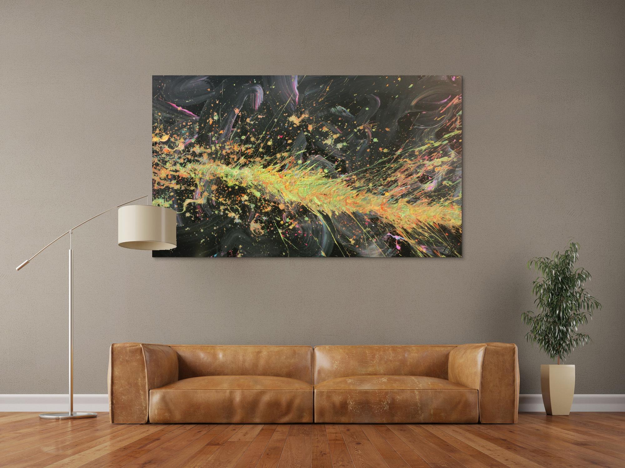 Abstraktes Acrylbild Action Painting sehr modern auf dunklem Hintergrund Splash Art