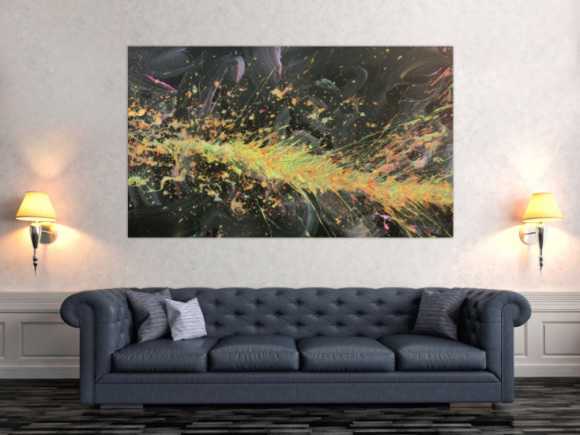 Abstraktes Acrylbild Action Painting sehr modern auf dunklem Hintergrund Splash Art