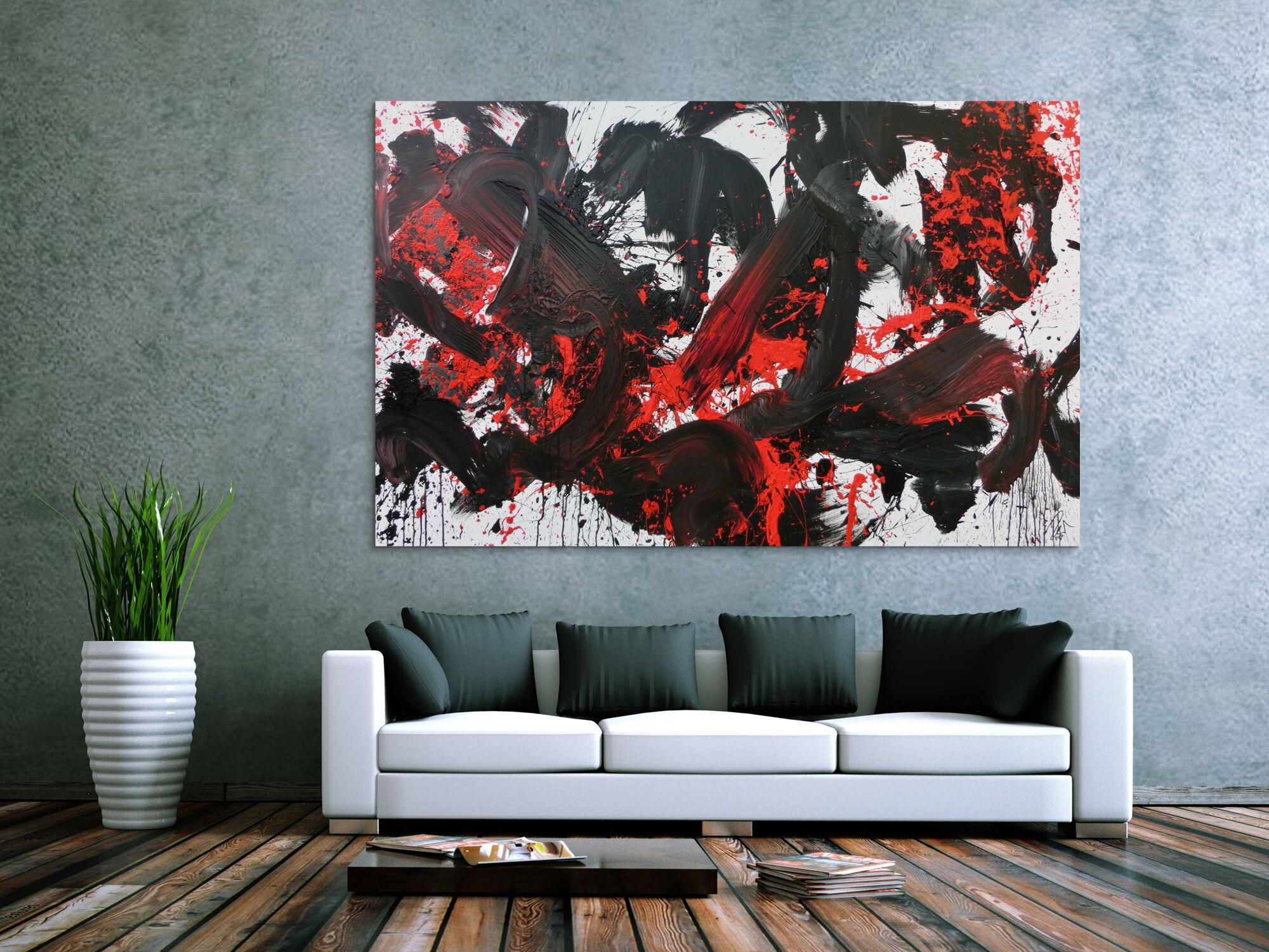 Abstraktes Acrylbild Action Painting schwarz rot weiß sehr modern