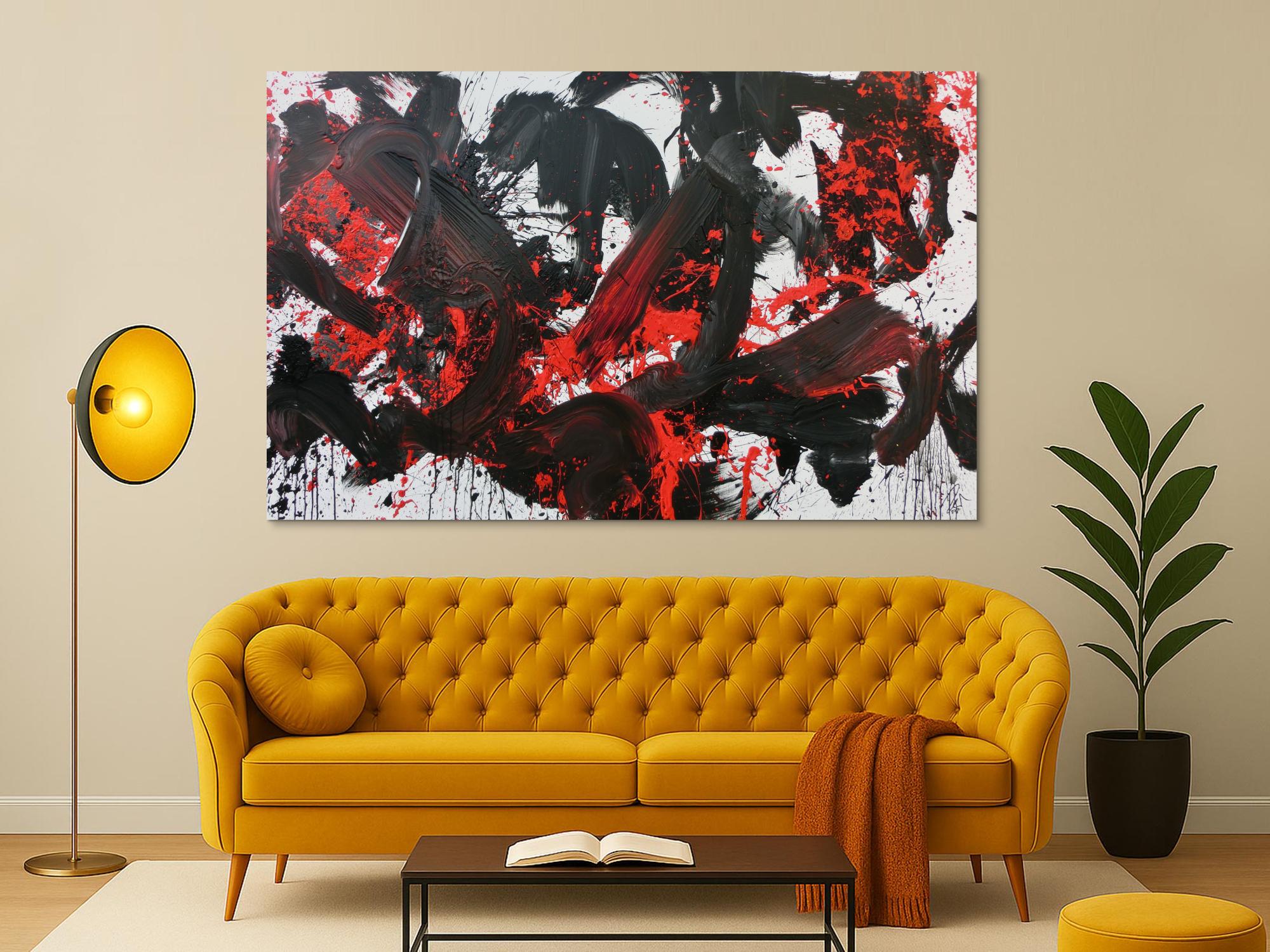 Abstraktes Acrylbild Action Painting schwarz rot weiß sehr modern