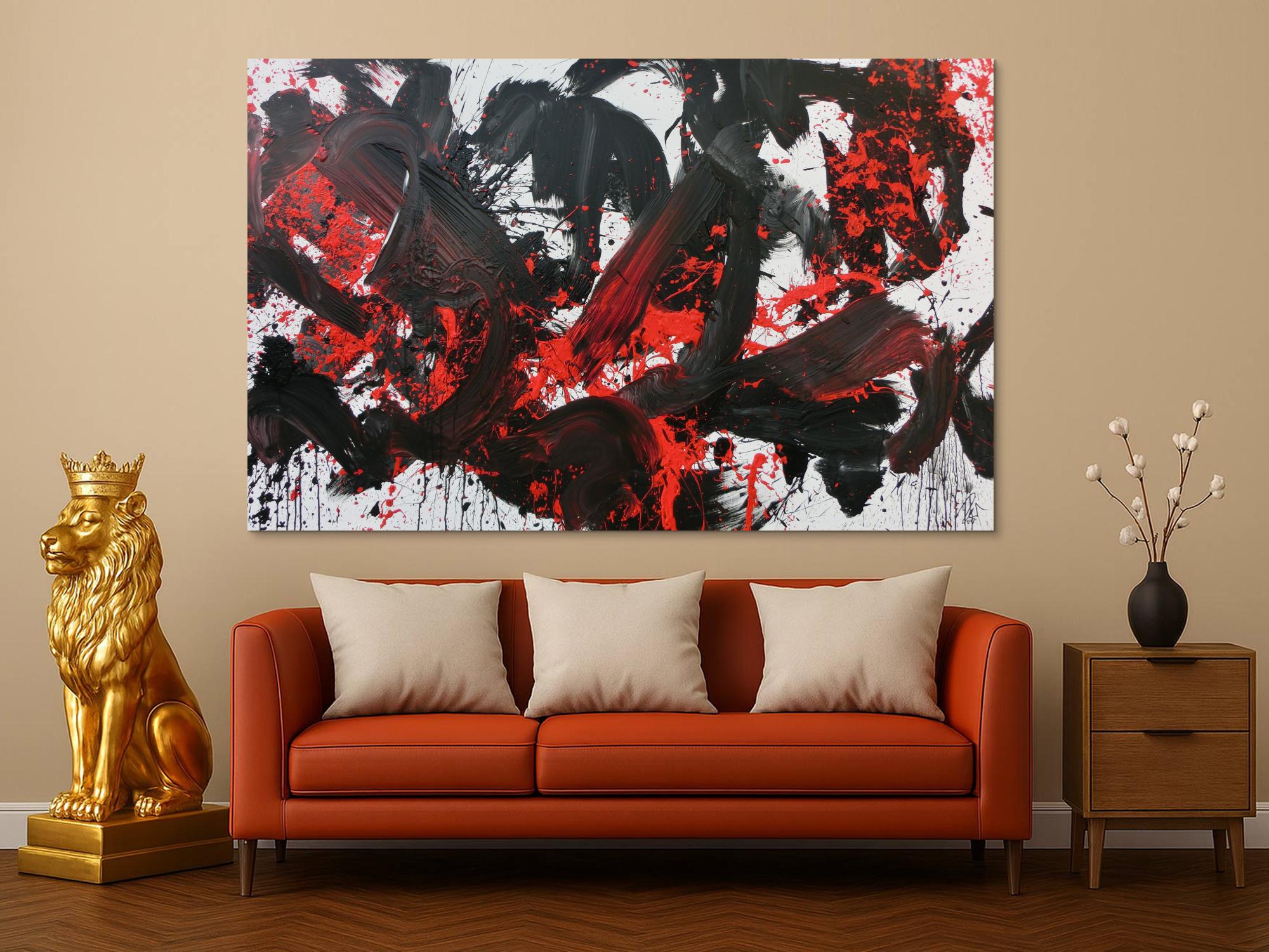 Abstraktes Acrylbild Action Painting schwarz rot weiß sehr modern