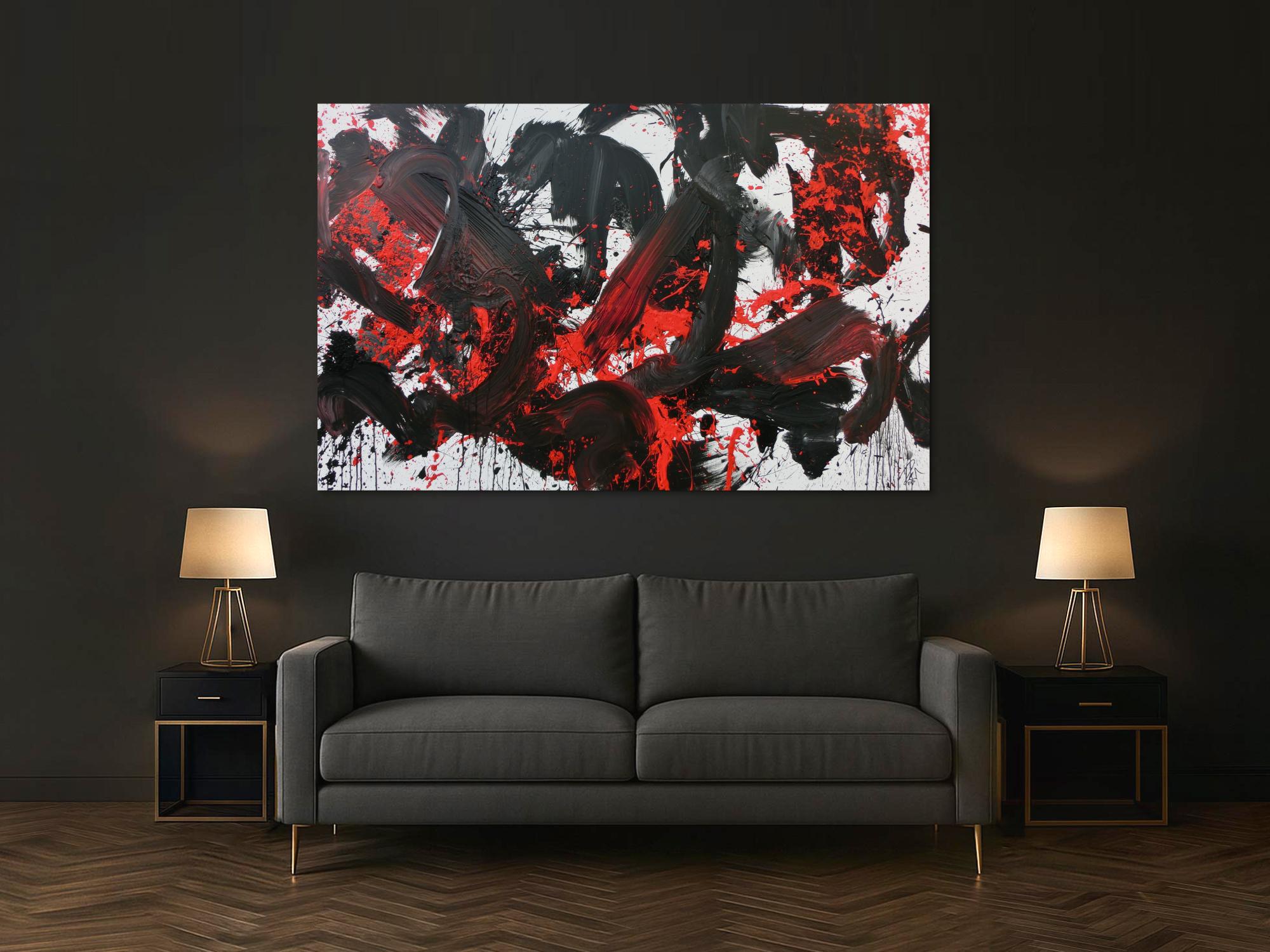 Abstraktes Acrylbild Action Painting schwarz rot weiß sehr modern