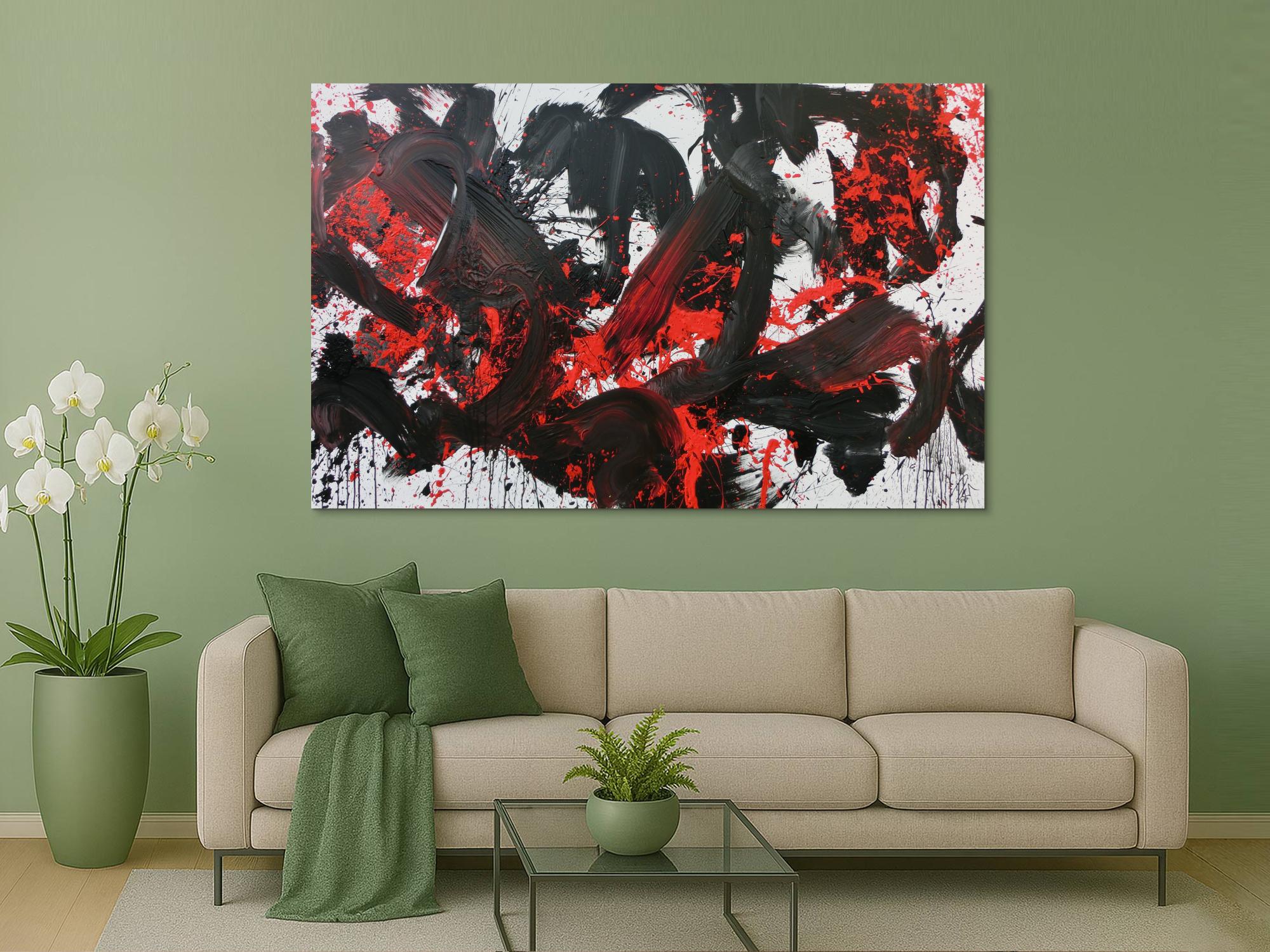 Abstraktes Acrylbild Action Painting schwarz rot weiß sehr modern