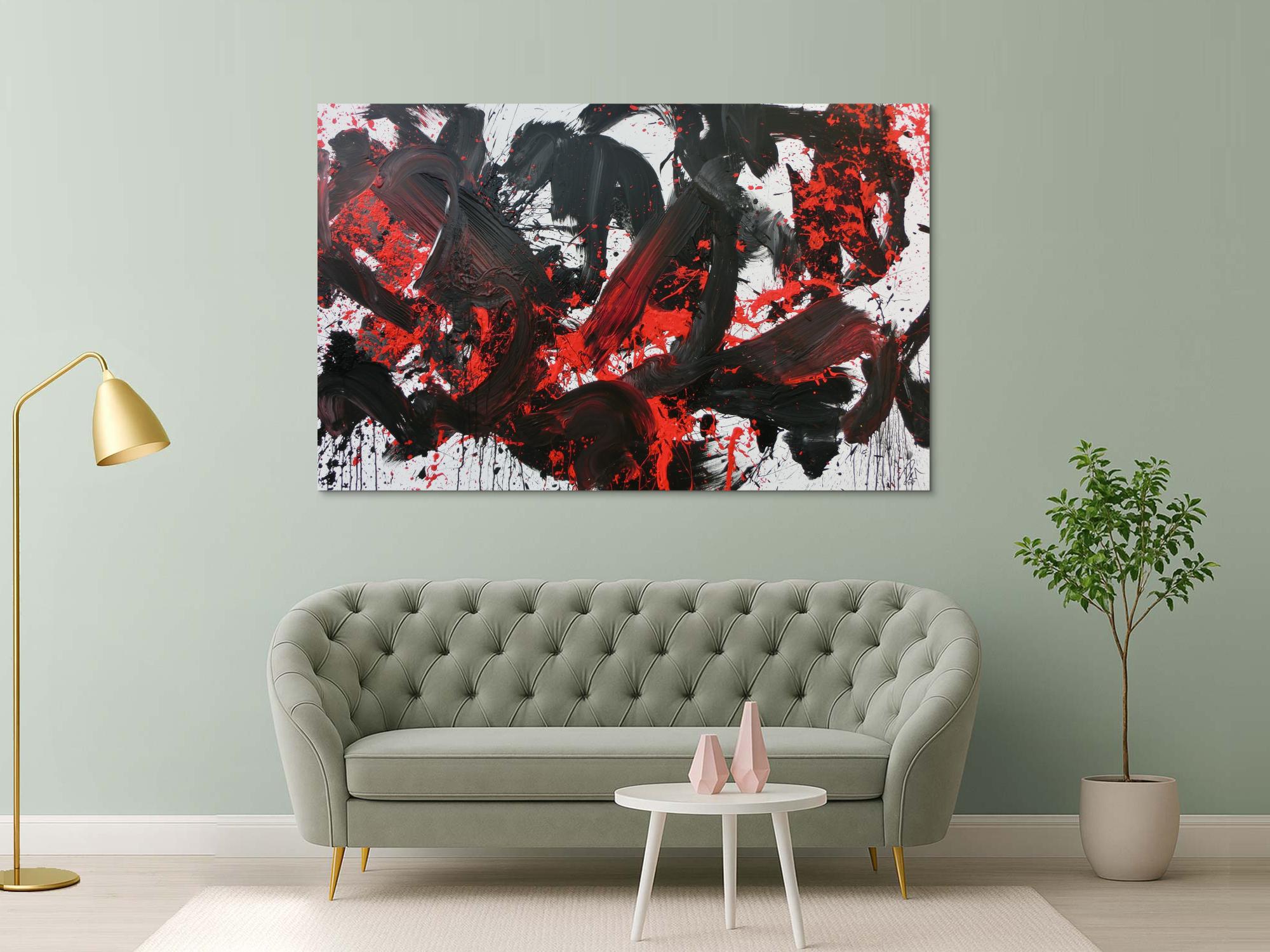 Abstraktes Acrylbild Action Painting schwarz rot weiß sehr modern