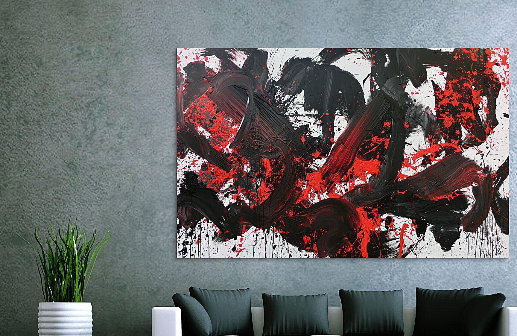 Abstraktes Acrylbild Action Painting schwarz rot weiß sehr modern