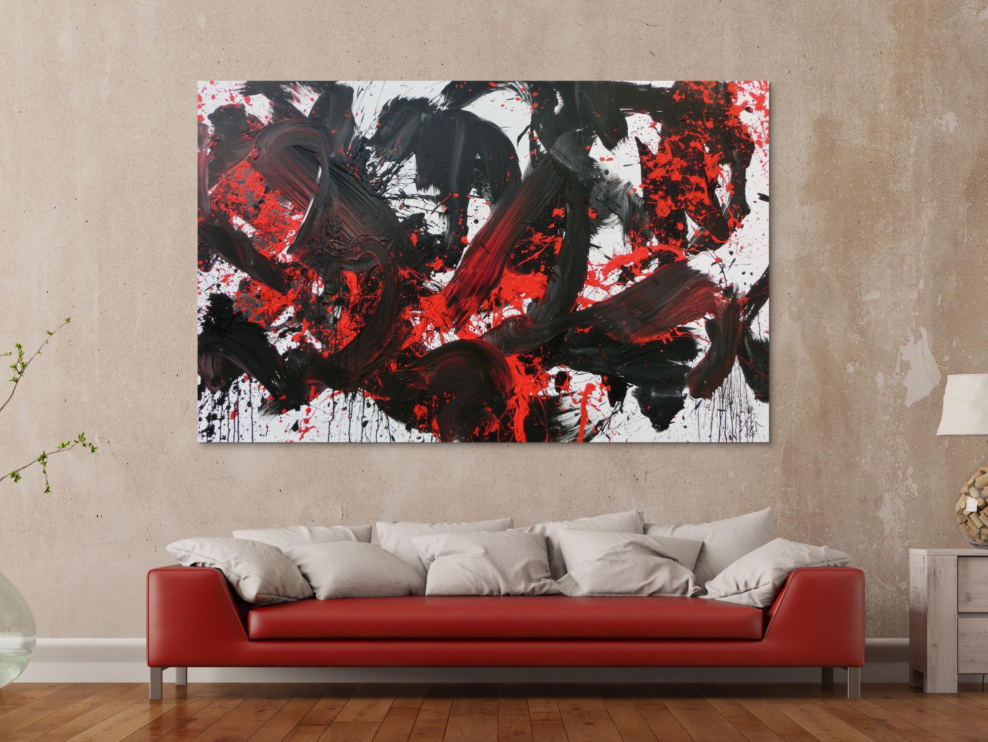 Abstraktes Acrylbild Action Painting schwarz rot weiß sehr modern