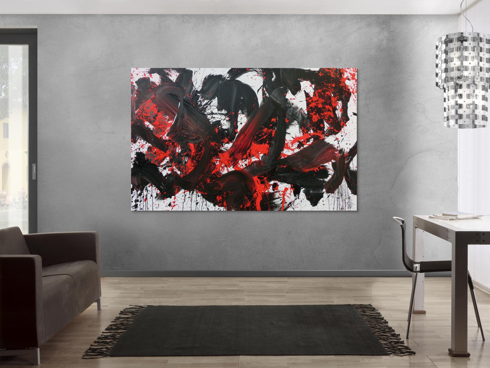 Abstraktes Acrylbild Action Painting schwarz rot weiß sehr modern