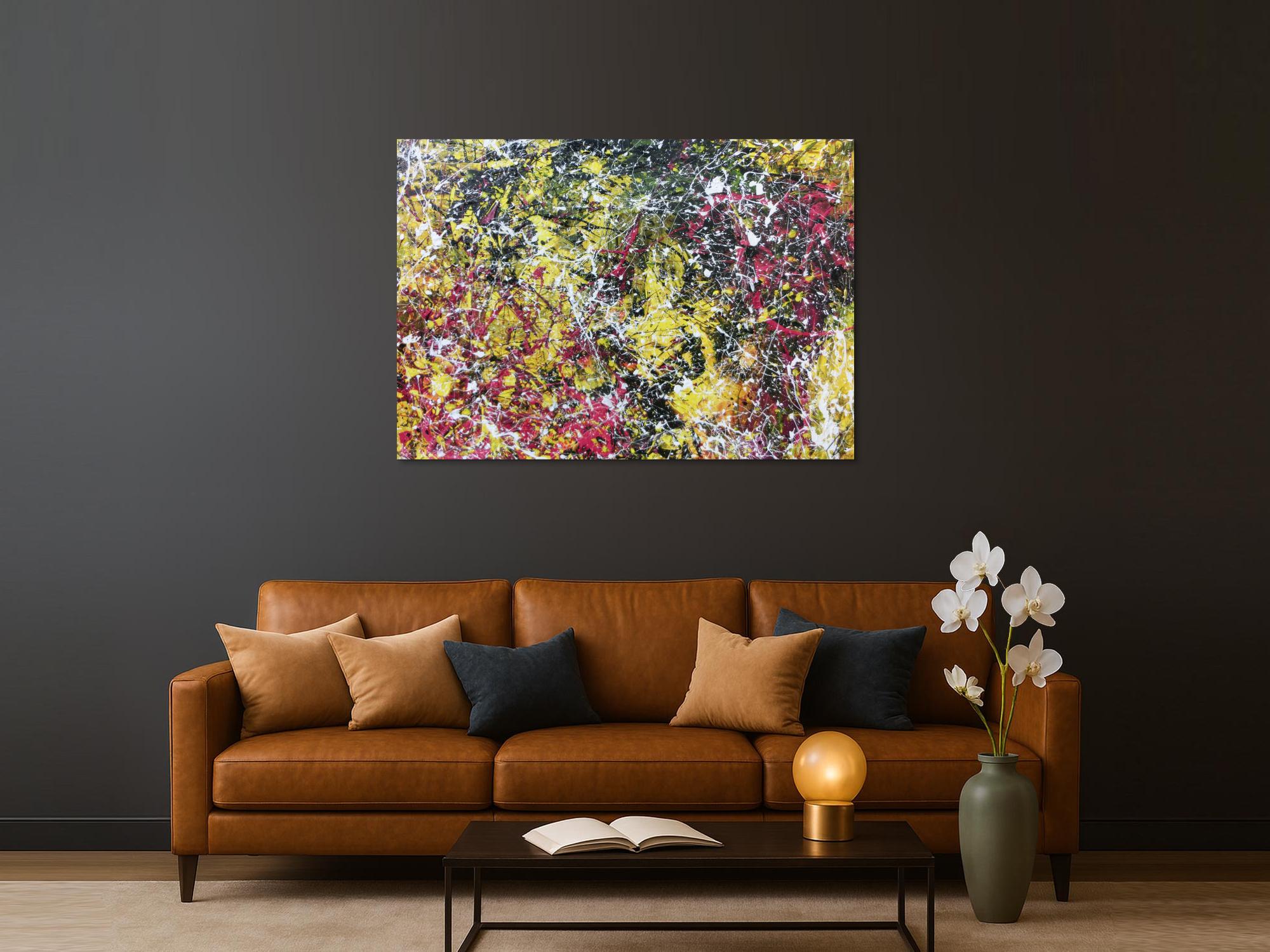 Modernes abstraktes Acrylbild Action Painting gelb schwarz magenta weiß sehr modern