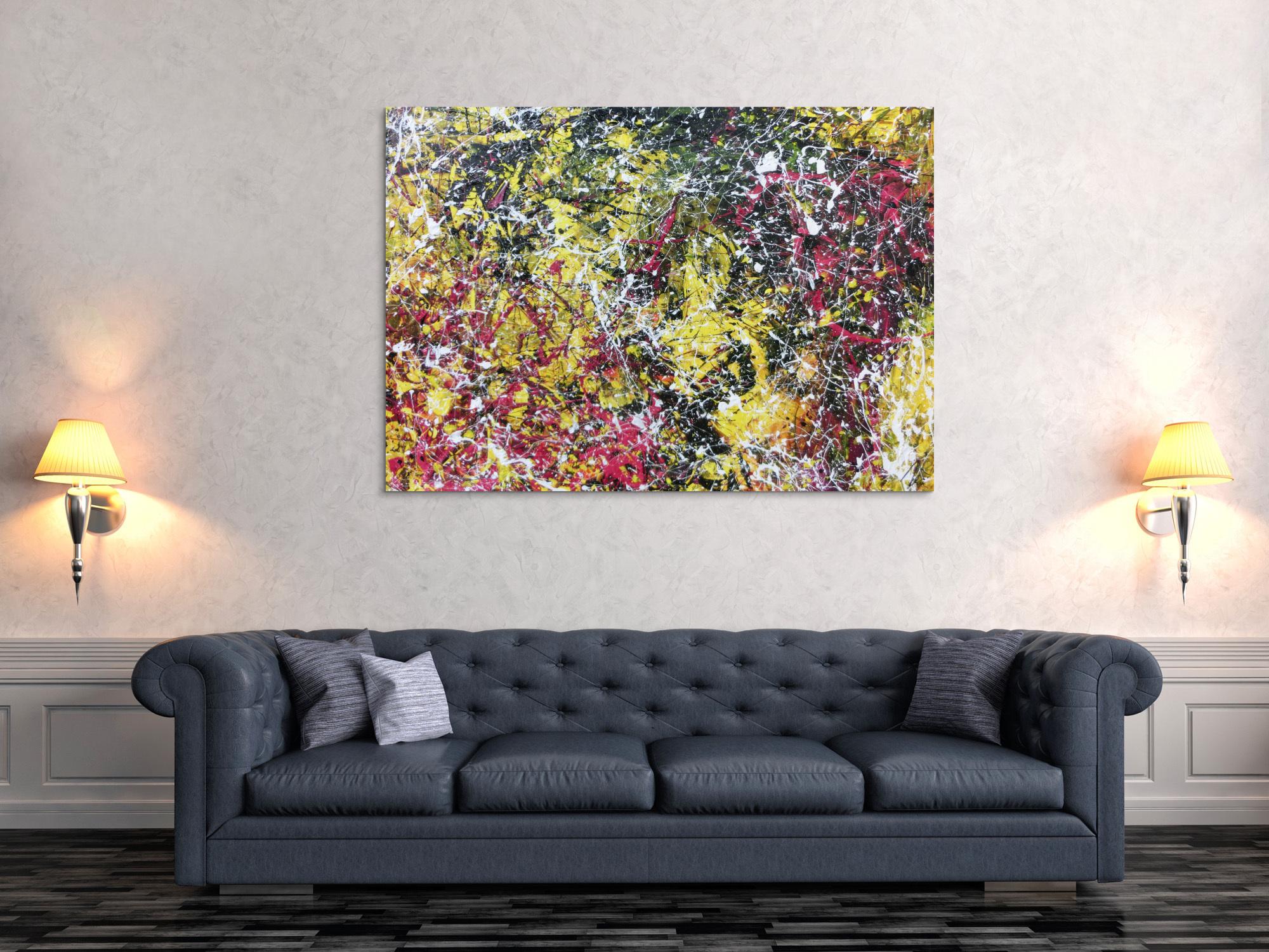 Modernes abstraktes Acrylbild Action Painting gelb schwarz magenta weiß sehr modern