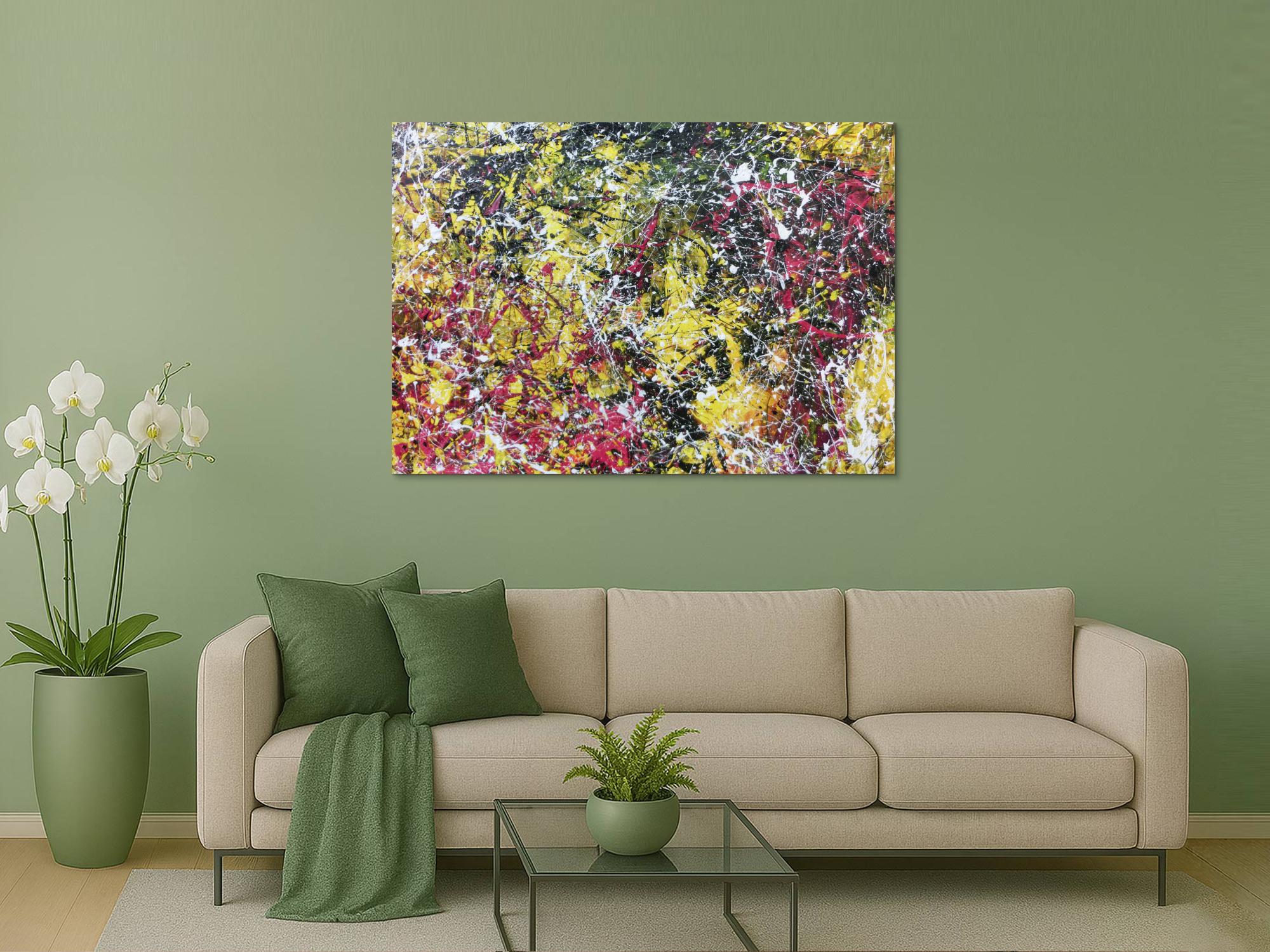 Modernes abstraktes Acrylbild Action Painting gelb schwarz magenta weiß sehr modern